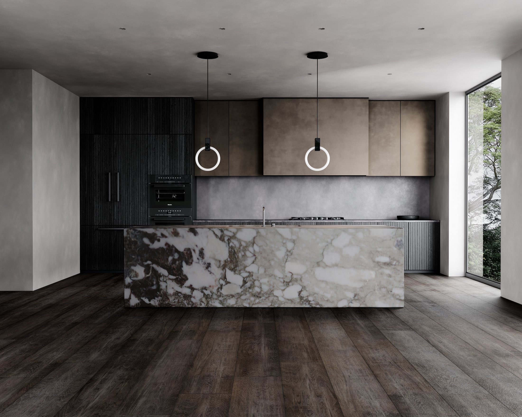 Modern kitchen with marble island, black and beige cabinetry, pendant lights, and large window showing trees outside.