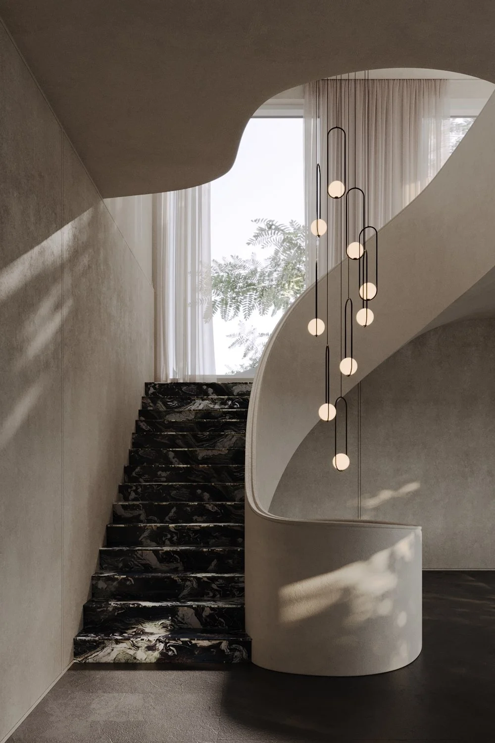 Indoor staircase with black marble steps, curving white handrail, modern pendant light with hanging globes, sheer curtains near window with natural light and foliage outside.