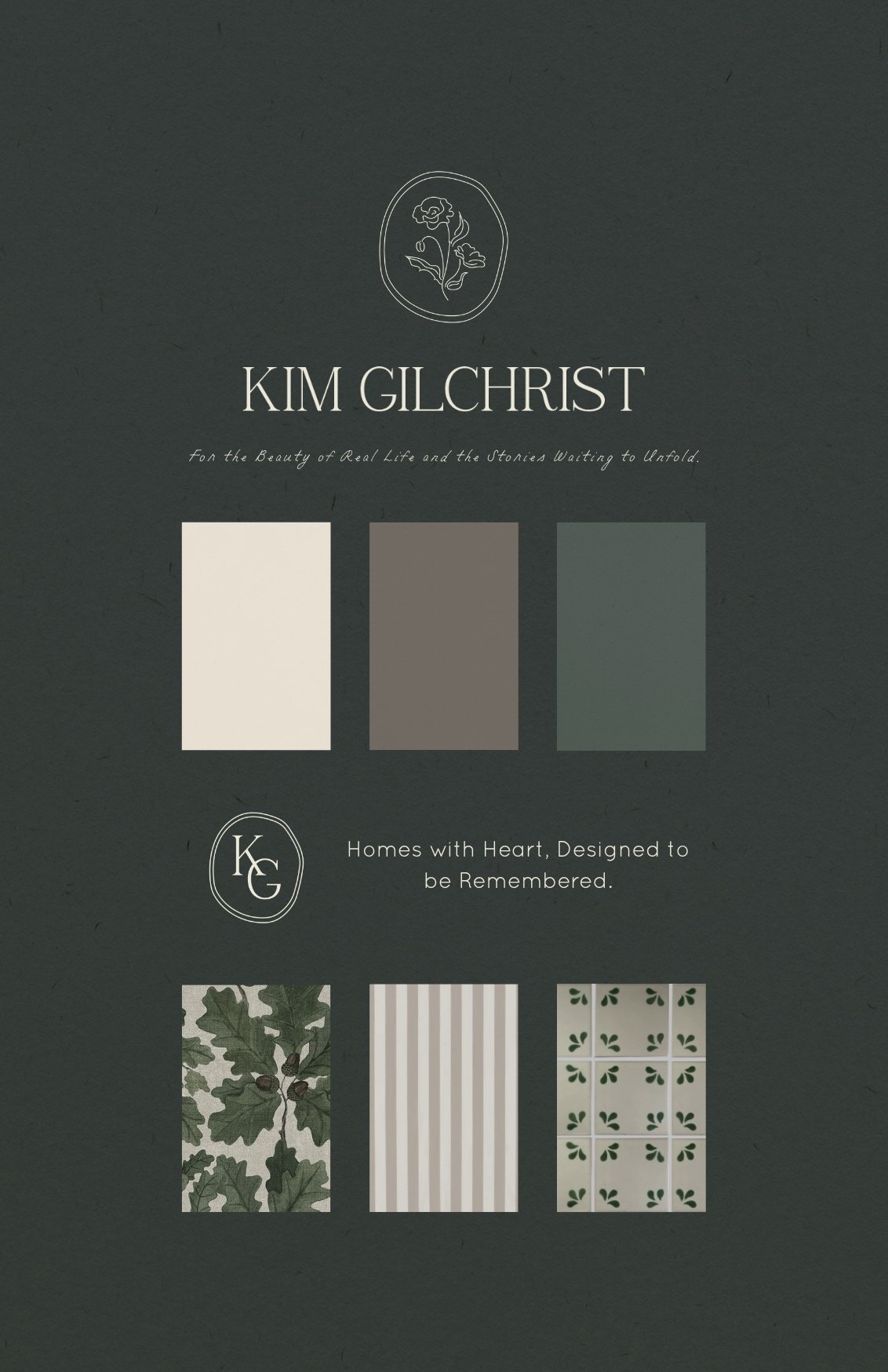 Design palette with three neutral colors: light cream, taupe, and dark gray-green; three patterned fabrics with holly leaves, striped pattern, and small clovers for holiday decor.