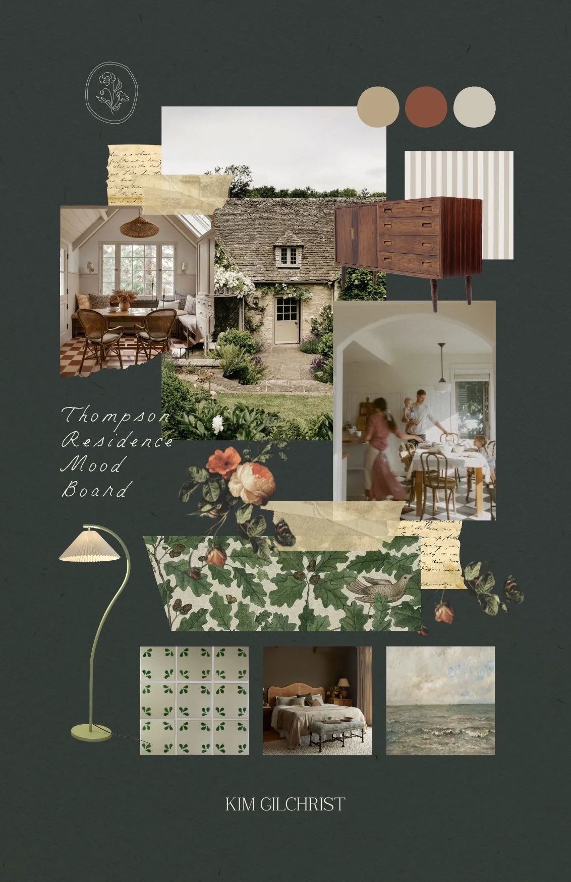 A collage of interior and exterior home scenes, plant illustrations, and color swatches from a mood board labeled 'Thompson Residence Mood Board' by Kim Gilchrist.