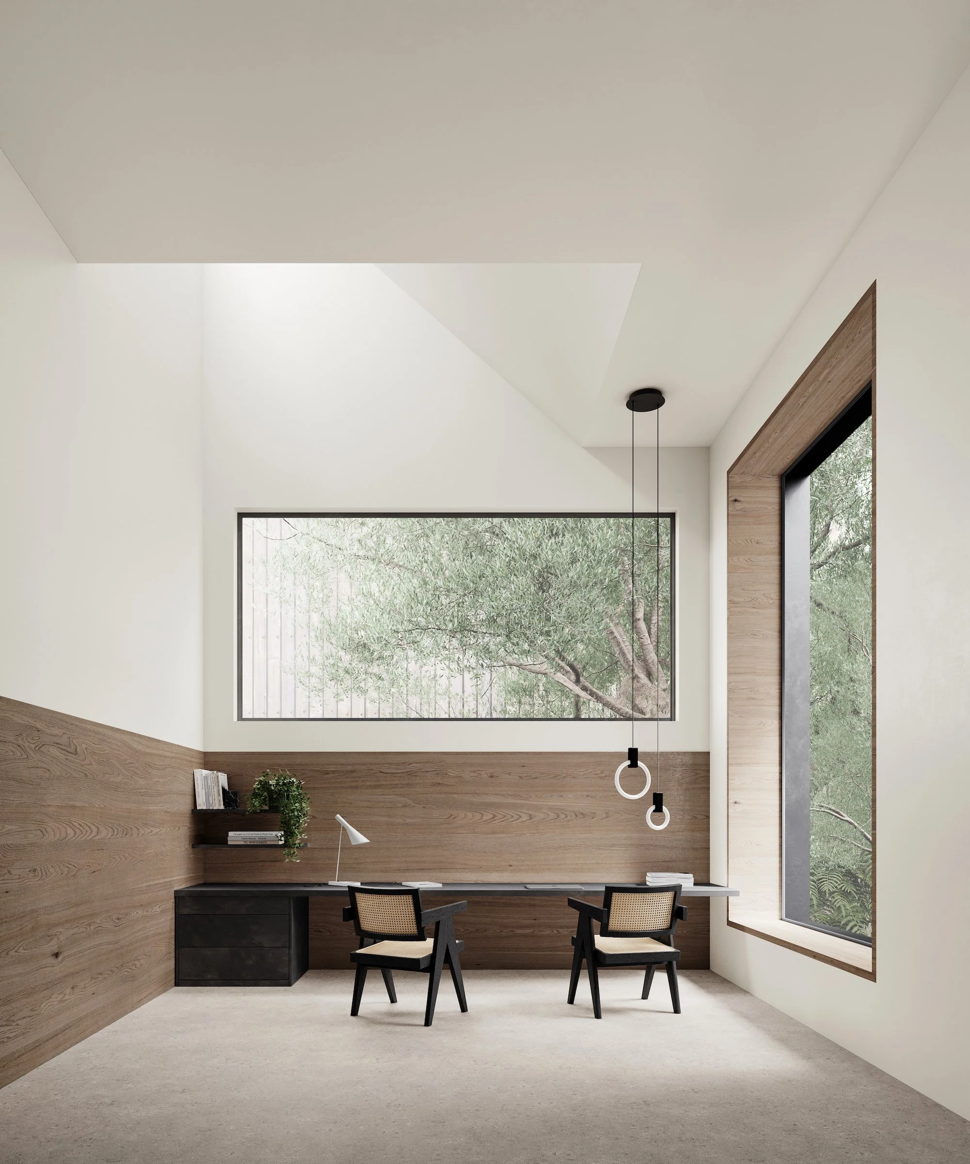 Minimalist home office with wooden wall panels, large rectangular window showing trees outside, two black chairs with beige cushions, a white desk with books and a small potted plant, and modern hanging pendant lights.