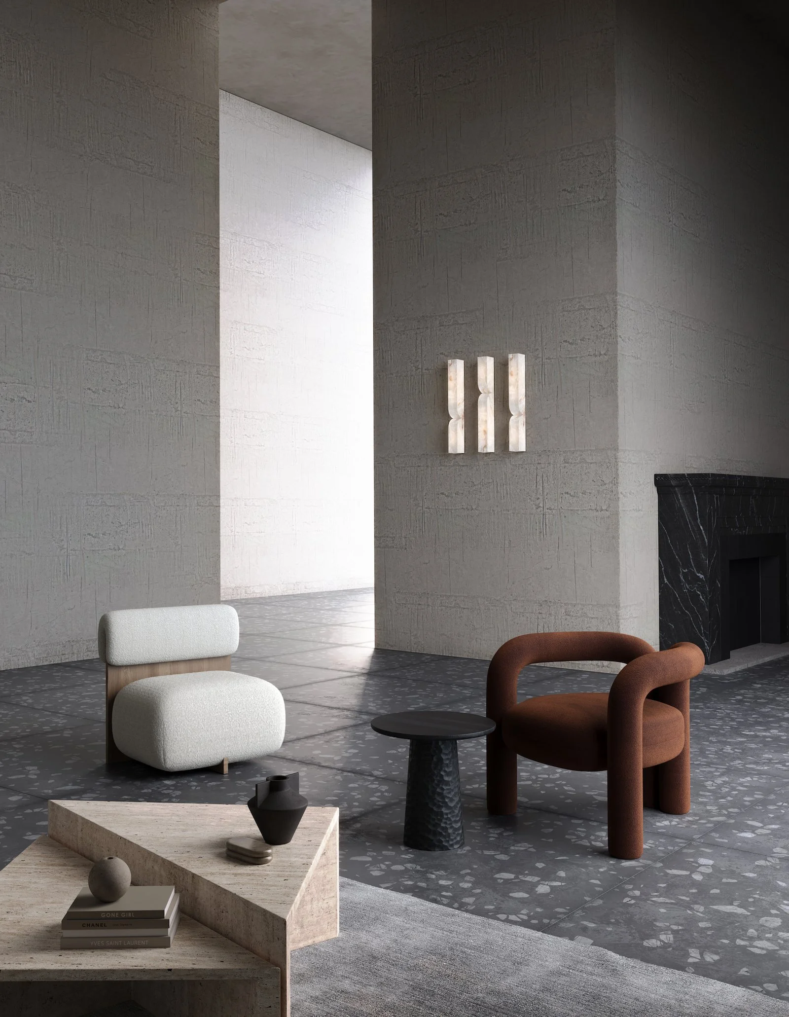 Modern minimalist living room with two armchairs, a side table, a coffee table with vases and books, a stone wall, and a fireplace.