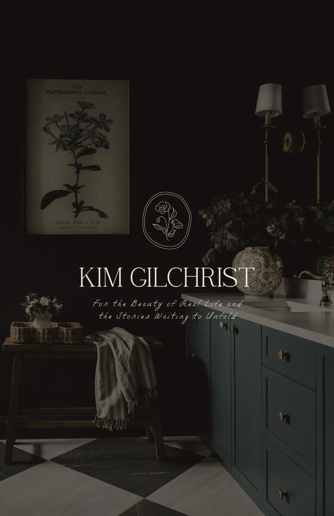 Cover of a book or journal featuring a dark interior with a blue cabinet, a table with a flower arrangement, and a wall painting of a plant, with the title 'Kim Gilchrist' and a tagline about beauty and stories.