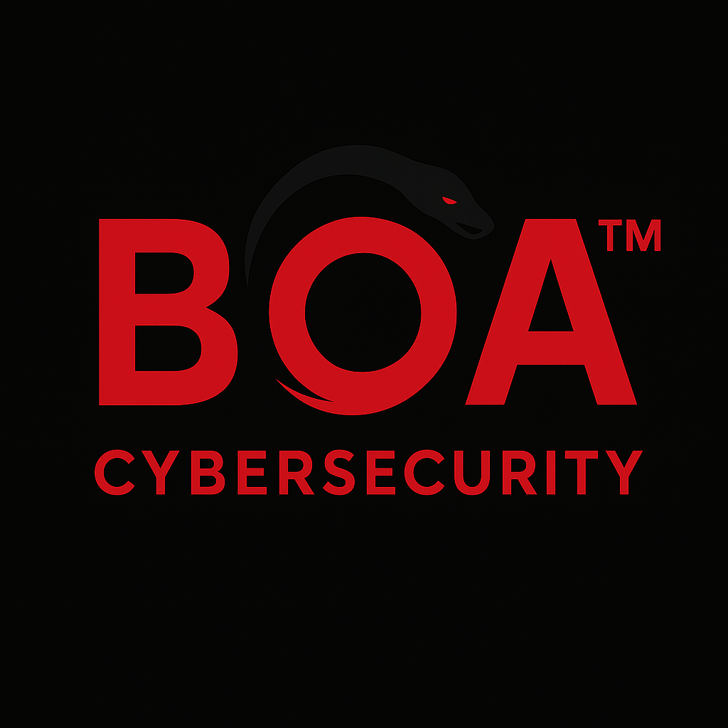 Logo for BOA Cybersecurity with a black snake curved around the letter O