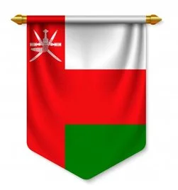 Flag with white background, red upper section containing a white emblem, and a green lower section. Oman Flag