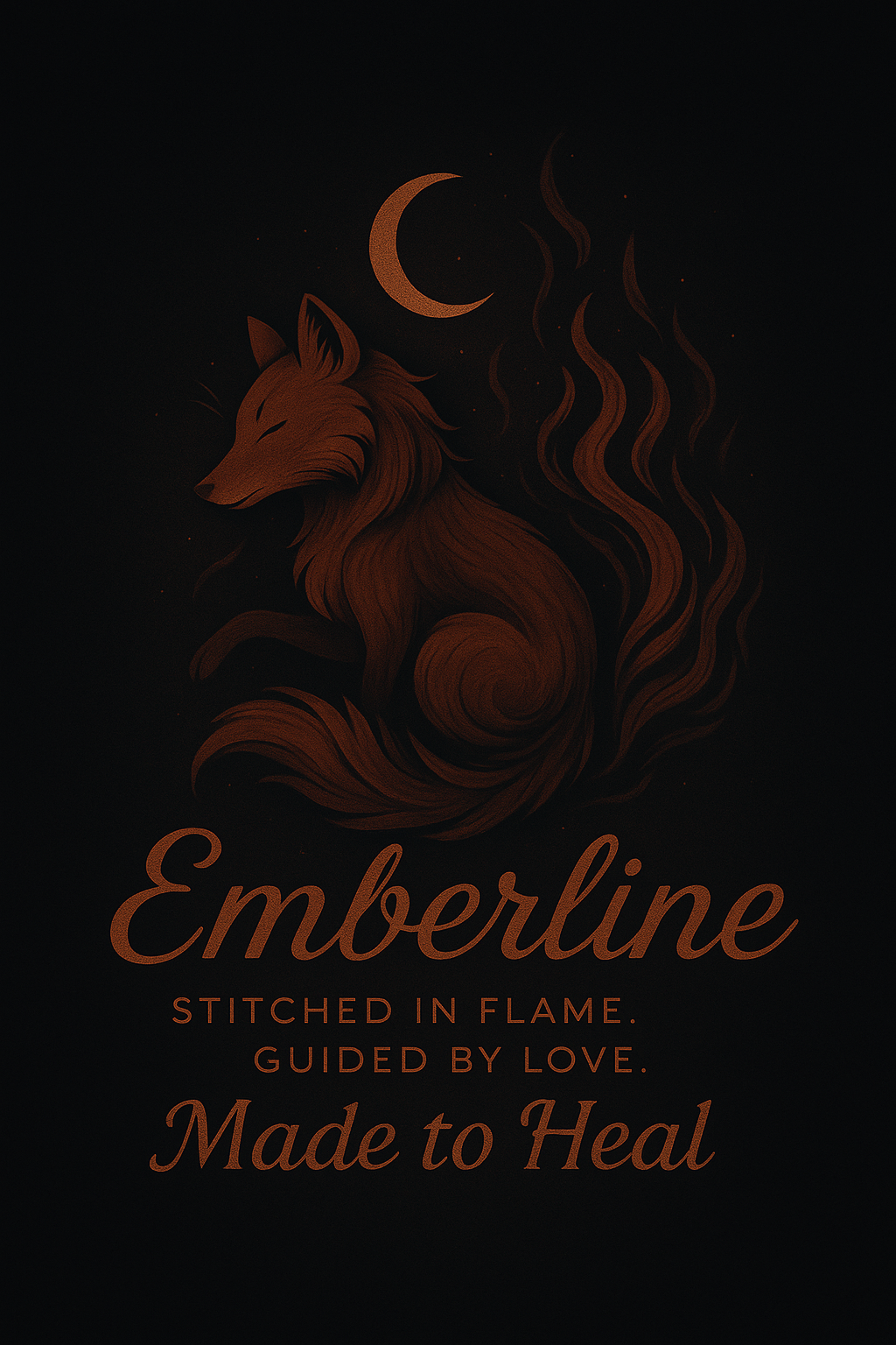 Dark illustration featuring a stylized fox with a flowing tail, a crescent moon, and steam-like patterns, with the text 'Emberline: stitched in flame, guided by love, made to heal'.