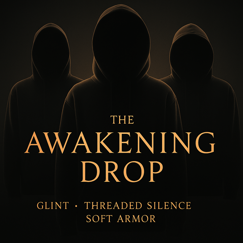 Poster with three hooded figures in darker shades with only their outlines visible, and the text "The Awakening Drop: Glint, Threaded Silence, Soft Armor".