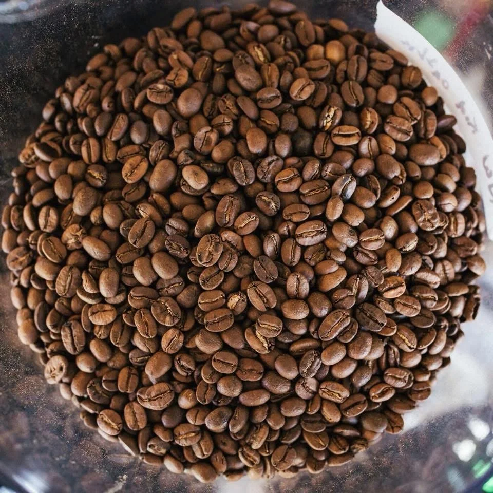 A close-up view of roasted coffee beans in a container.