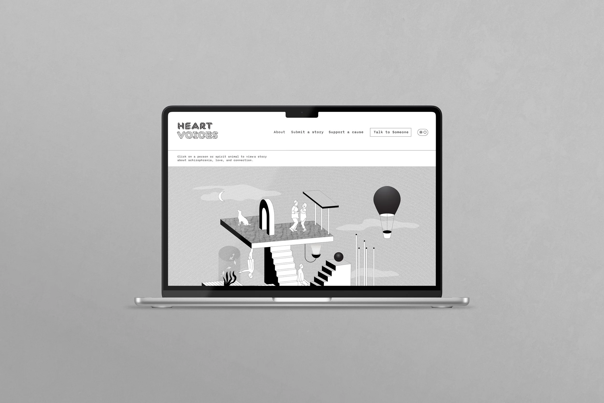 A laptop displaying a website called Heart Voices featuring illustrations of figures, animals, and abstract objects in a grayscale color scheme.