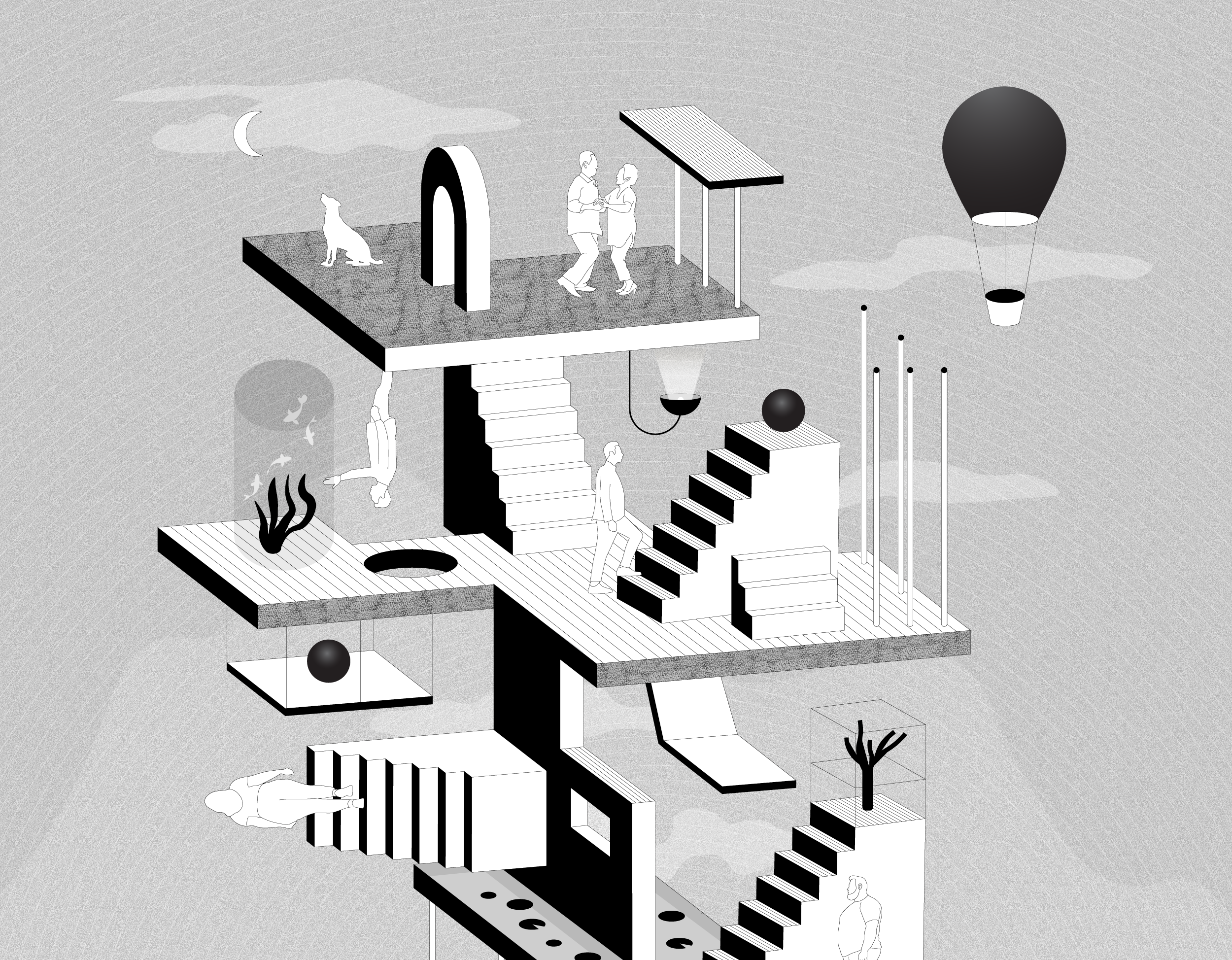 A surreal, multi-layered black and white illustration featuring stairs, floating objects, people, animals, and abstract elements in a dream-like scene.