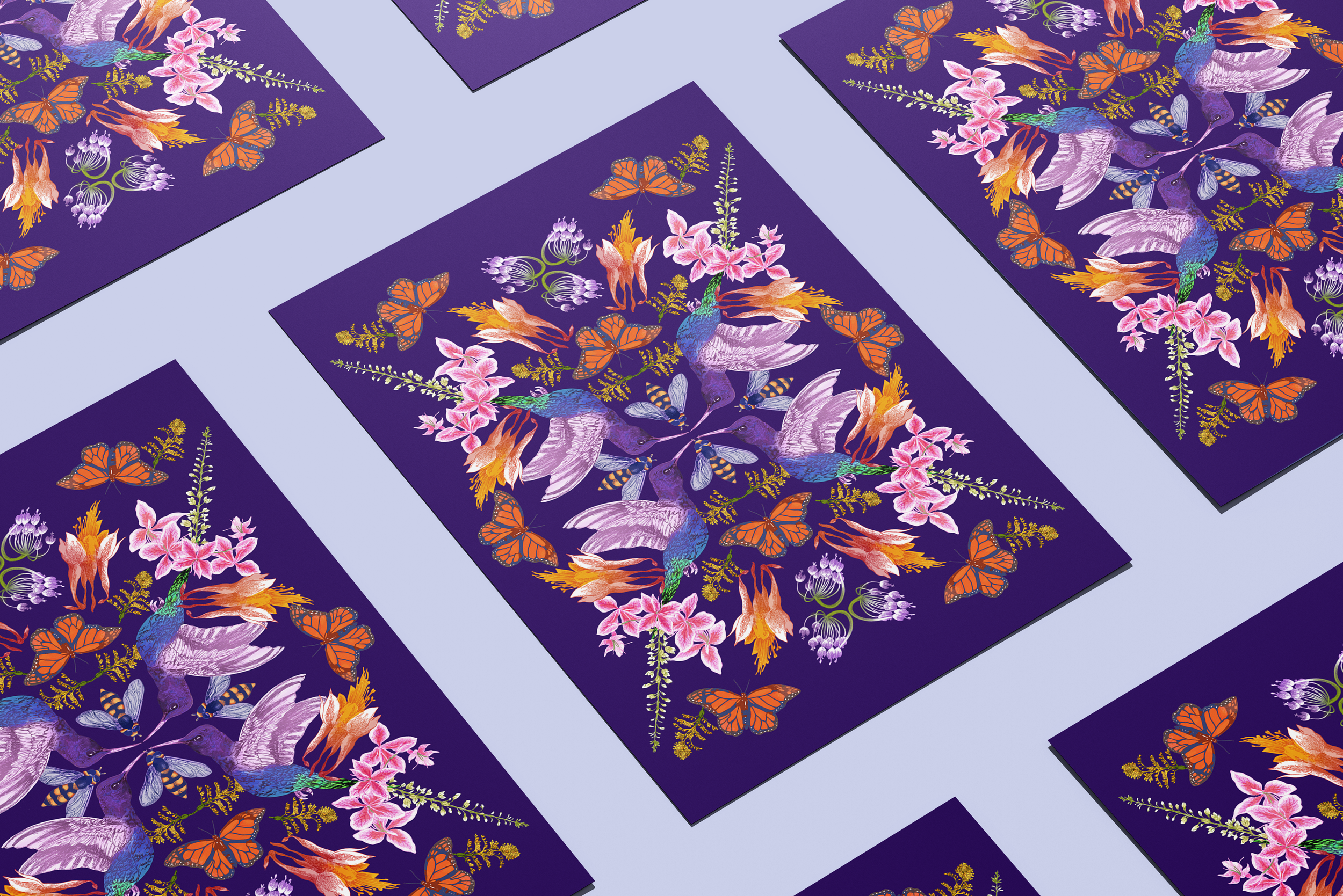 Multiple sheets with a vibrant floral and hummingbird pattern on a purple background, arranged in a grid.