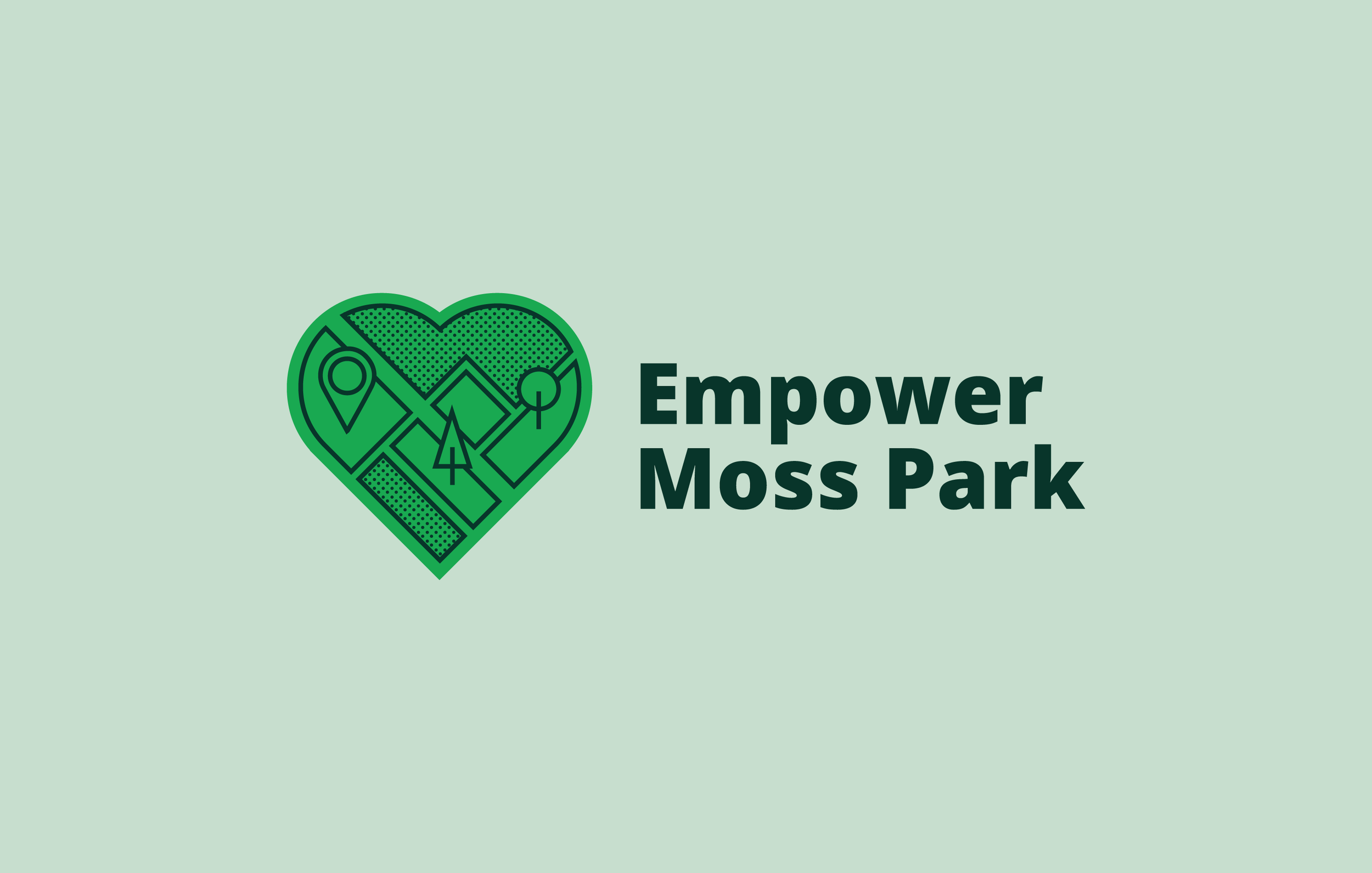 Logo for Empower Moss Park featuring a green heart with a stylized map and trees inside, and text to the right that reads 'Empower Moss Park'.