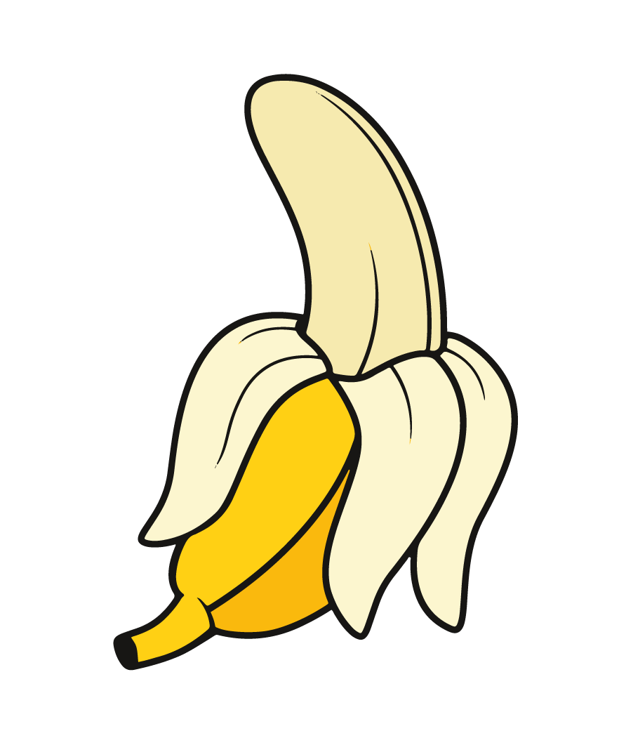 Grafische Illustration einer halb geschälten Banane mit der Schale nach oben und Frucht nach unten.