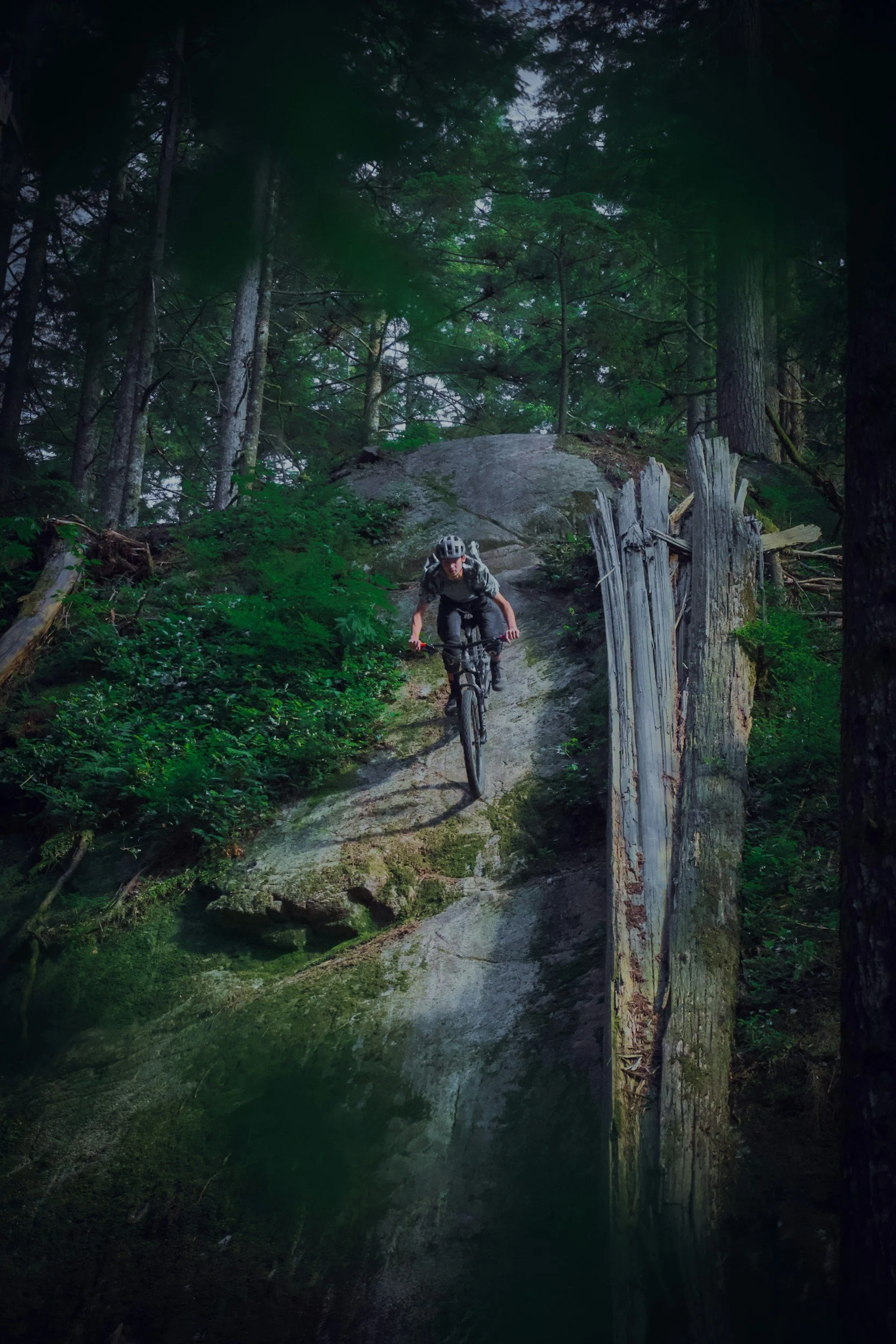 A person wearing a helmet and dark clothing riding a mountain bike down a steep rocky trail in a dense forest.