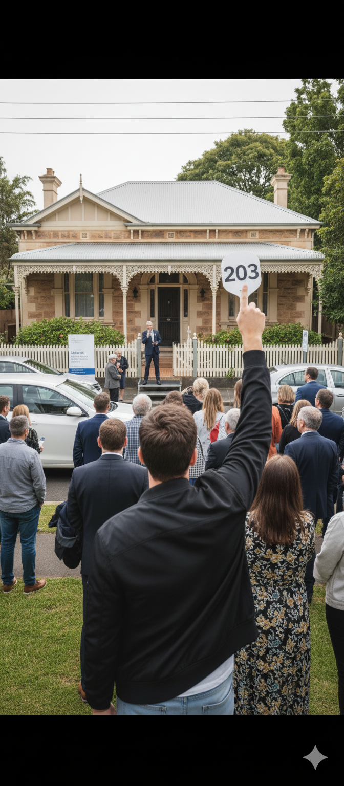 A man holding a sign with the number 203 at a house auction, with a crowd of people and a speaker on the porch