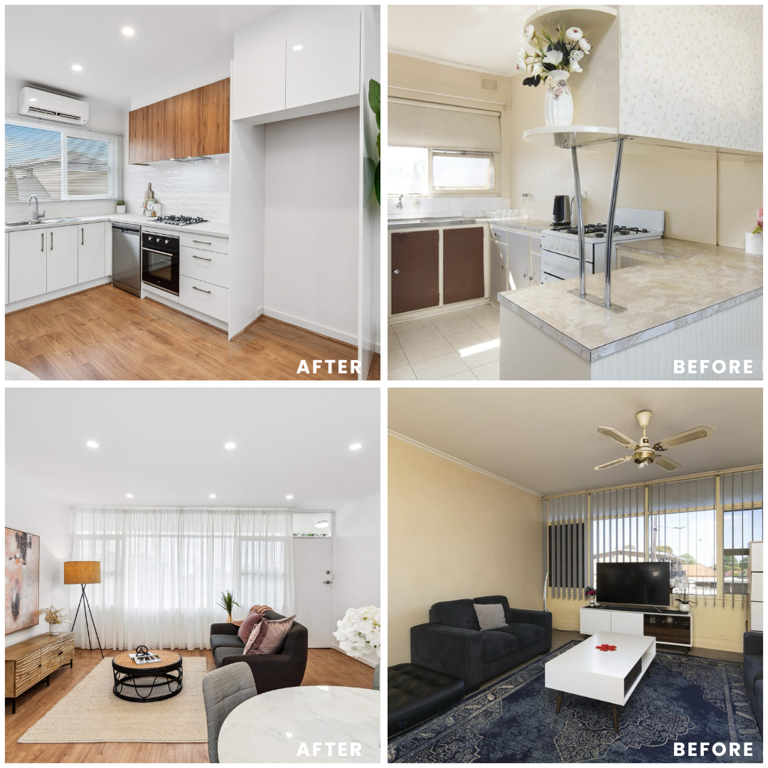 Collage of before and after room renovations including a modernized kitchen with white cabinets and wooden accents, a bright living room with white curtains and contemporary furniture, a dated kitchen with beige countertops and wallpaper, and a traditional living room with an older television and ceiling fan.