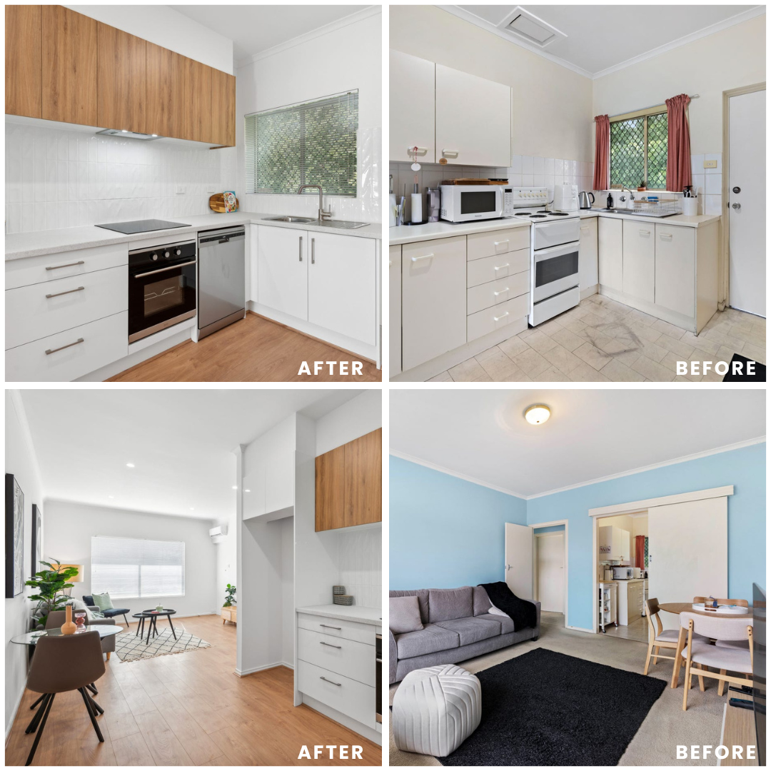 Comparison of renovated and original rooms: top left shows a modern kitchen with white cabinets, wood accents, and new appliances; top right shows an older kitchen with white cabinets, old appliances, and beige flooring; bottom left depicts a renovated living room with white walls, wooden flooring, modern furniture, and large window; bottom right shows an original living room with blue walls, older furniture, and a black rug.