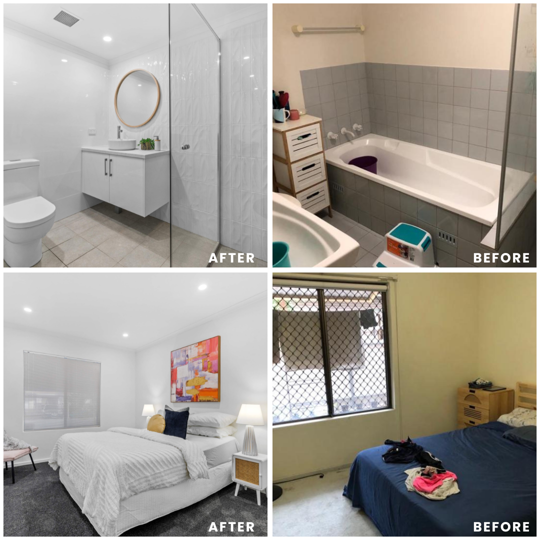 Comparison images showing bathroom and bedroom renovations; top left shows a modern after bathroom with white tiles, a floating vanity, and a round mirror. Top right shows a before bathroom with a bathtub and light blue tiles. Bottom left shows an after bedroom with white walls, a bed with white bedding, and colorful artwork. Bottom right shows a before bedroom with a yellow wall, a window with security bars, and a bed with dark blue bedding and clothes on it.