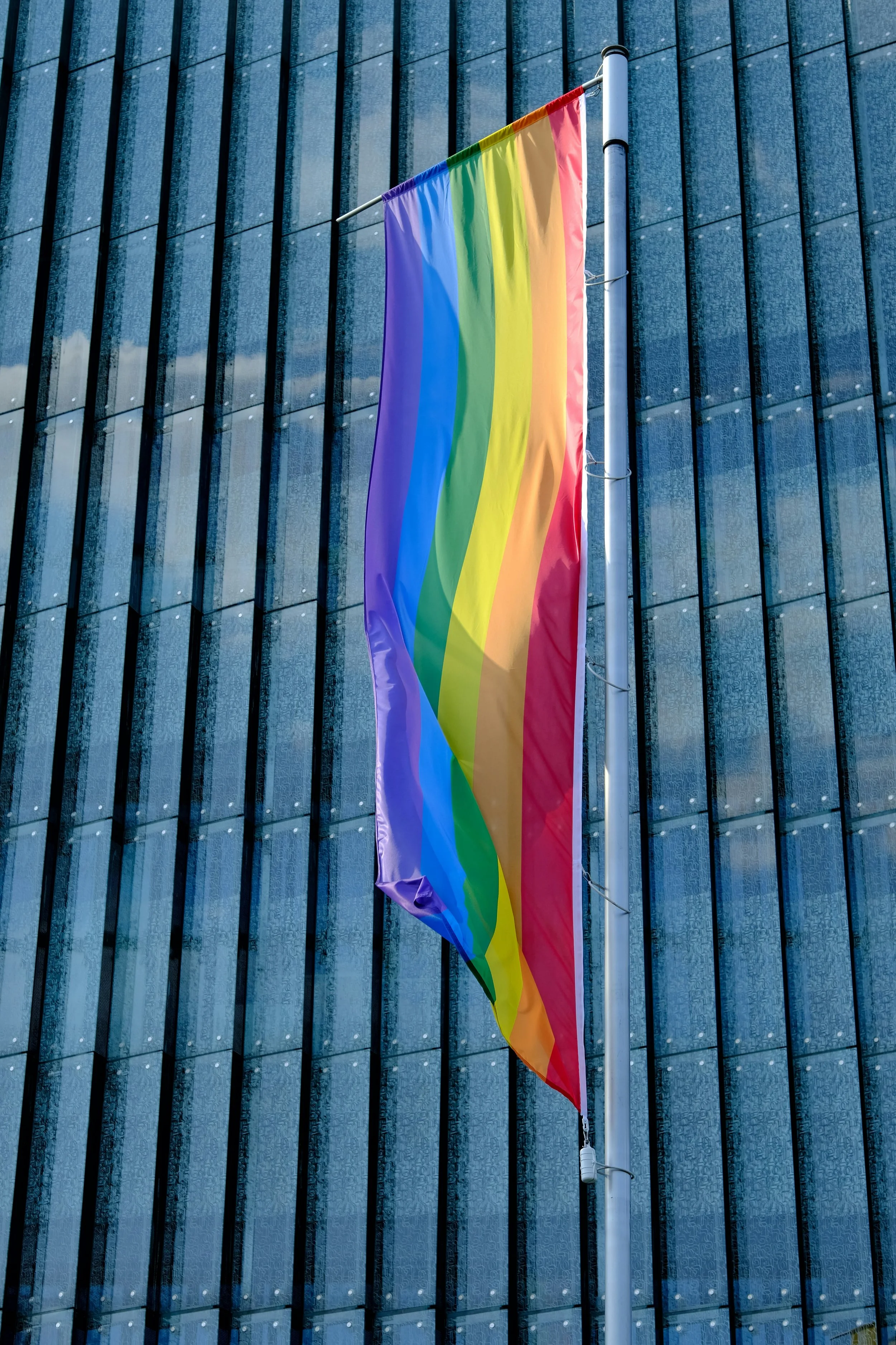 Rainbow pride flag hanging vertically outside a modern glass building.