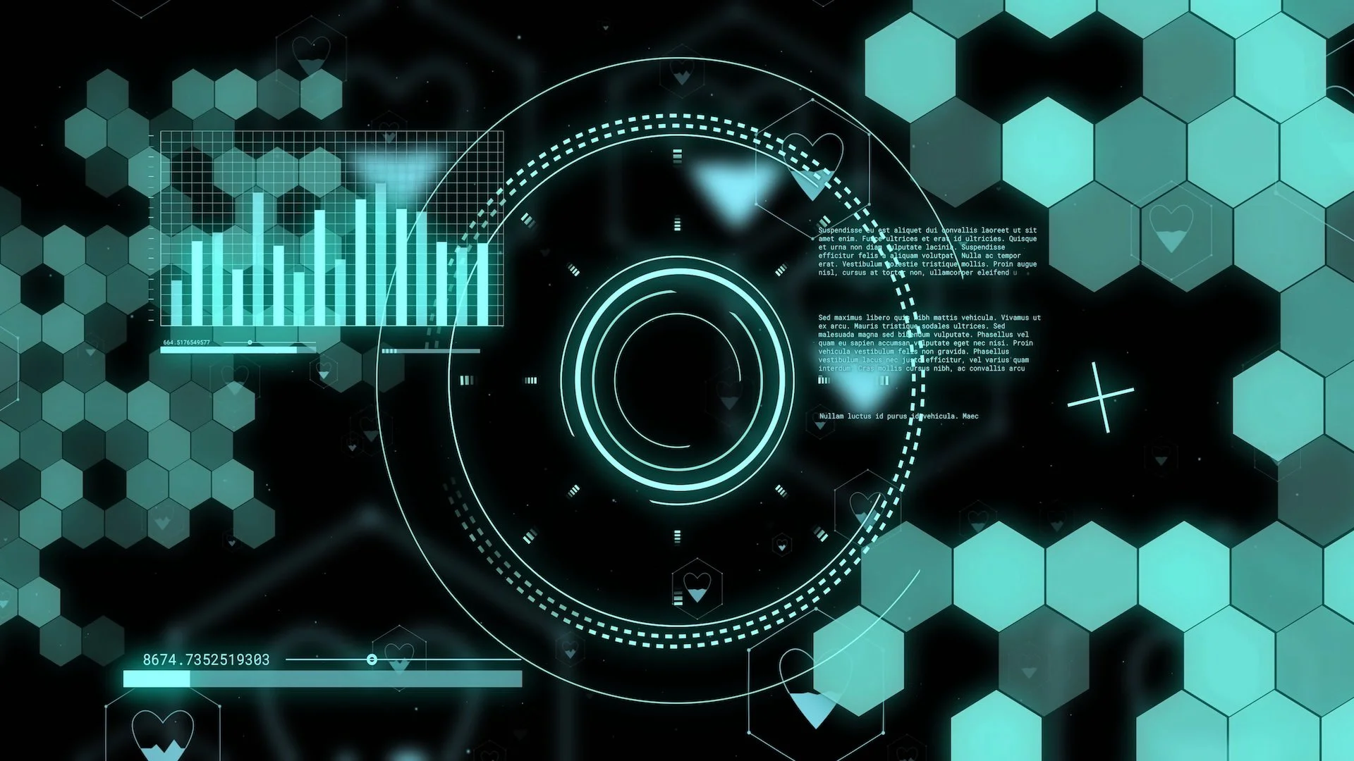 Futuristic digital user interface with hexagonal patterns, graphs, and circular HUD elements in glowing teal and black colors.