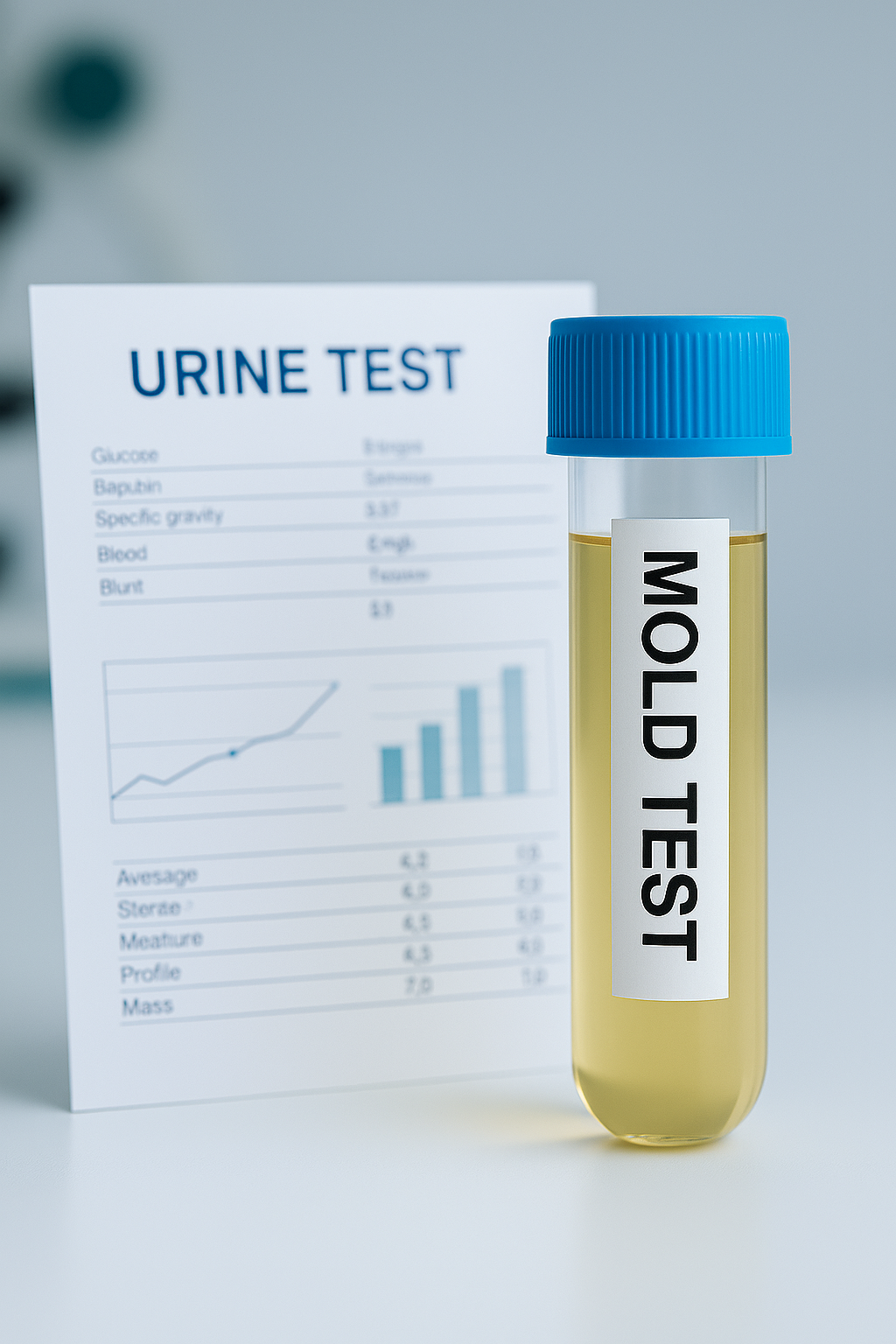 A urine test sample in a collection tube labeled 'MOLD TEST' next to a report titled 'URINE TEST' with charts and data.