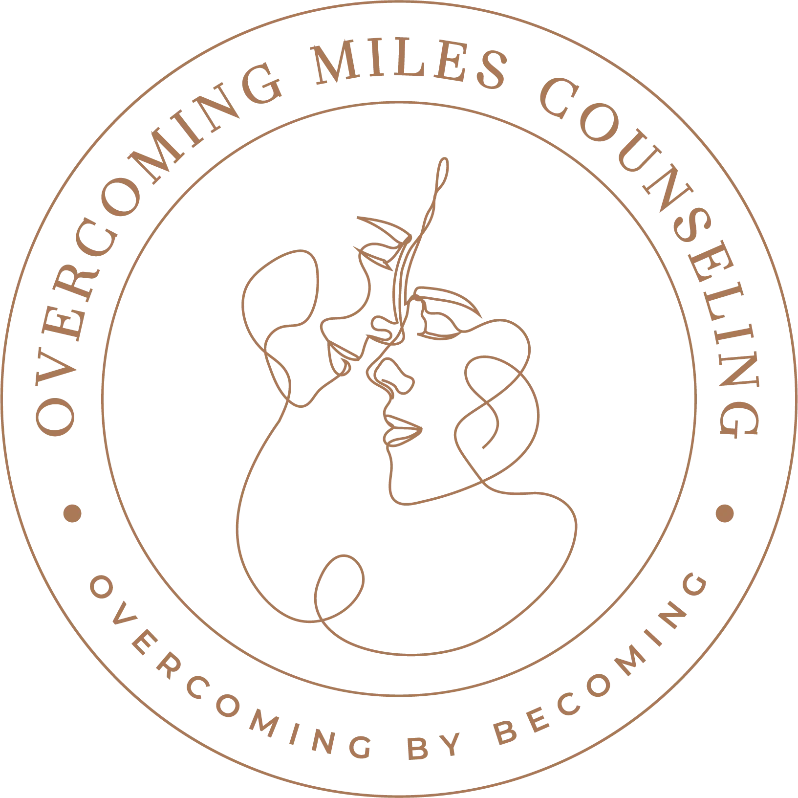 A circular logo with a line drawing of a woman's face in profile, with stylized hair and a clock with No. 1 at the tip of the nose. The outer ring contains the text 'Overcoming Miles Consulting' at the top and 'Overcoming by Becoming' at the bottom.
