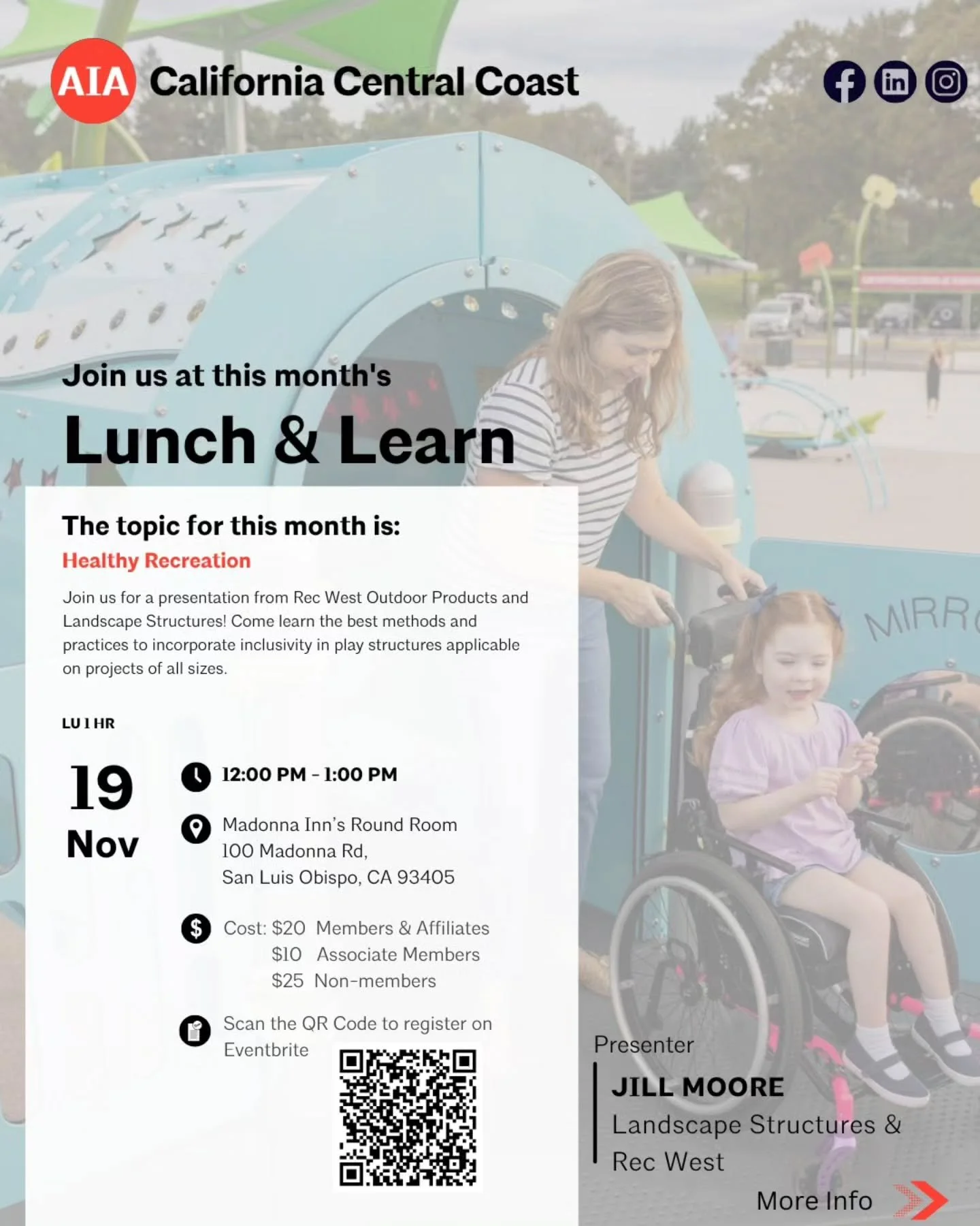 🛝AIA CCC November Lunch &amp; Learn: Healthy Recreation
Join us on November 19th at the Madonna Inn&rsquo;s Round Room for an inspiring session with Jill Moore of Landscape Structures &amp; Rec West, exploring how inclusive design in play spaces fos