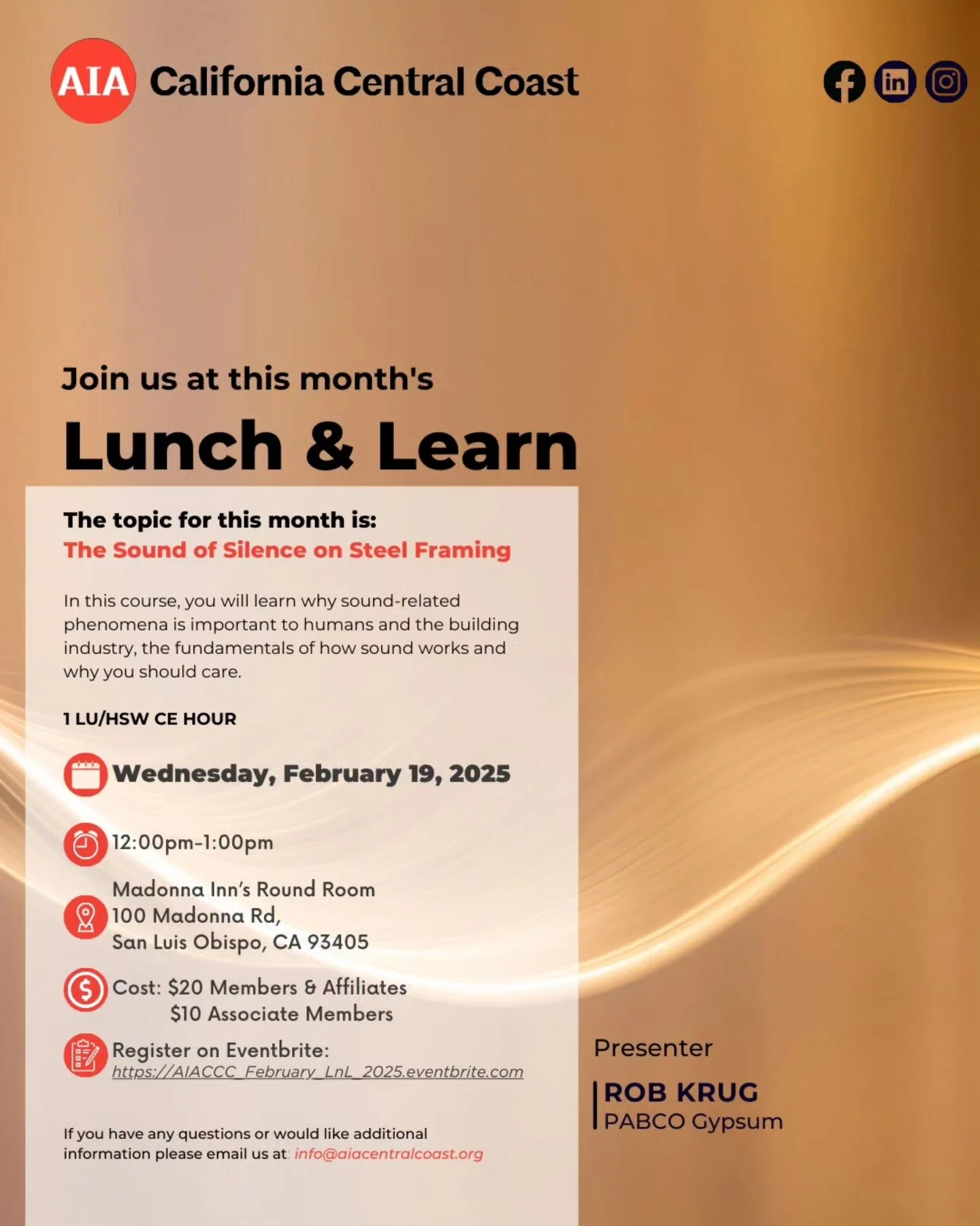 ✨ February Lunch &amp; Learn ! ✨
Join us this month for an insightful Lunch &amp; Learn hosted by the AIACCC! 🏛️ Whether you&rsquo;re an emerging architect or a seasoned professional, this is another great opportunity to learn about the latest tren