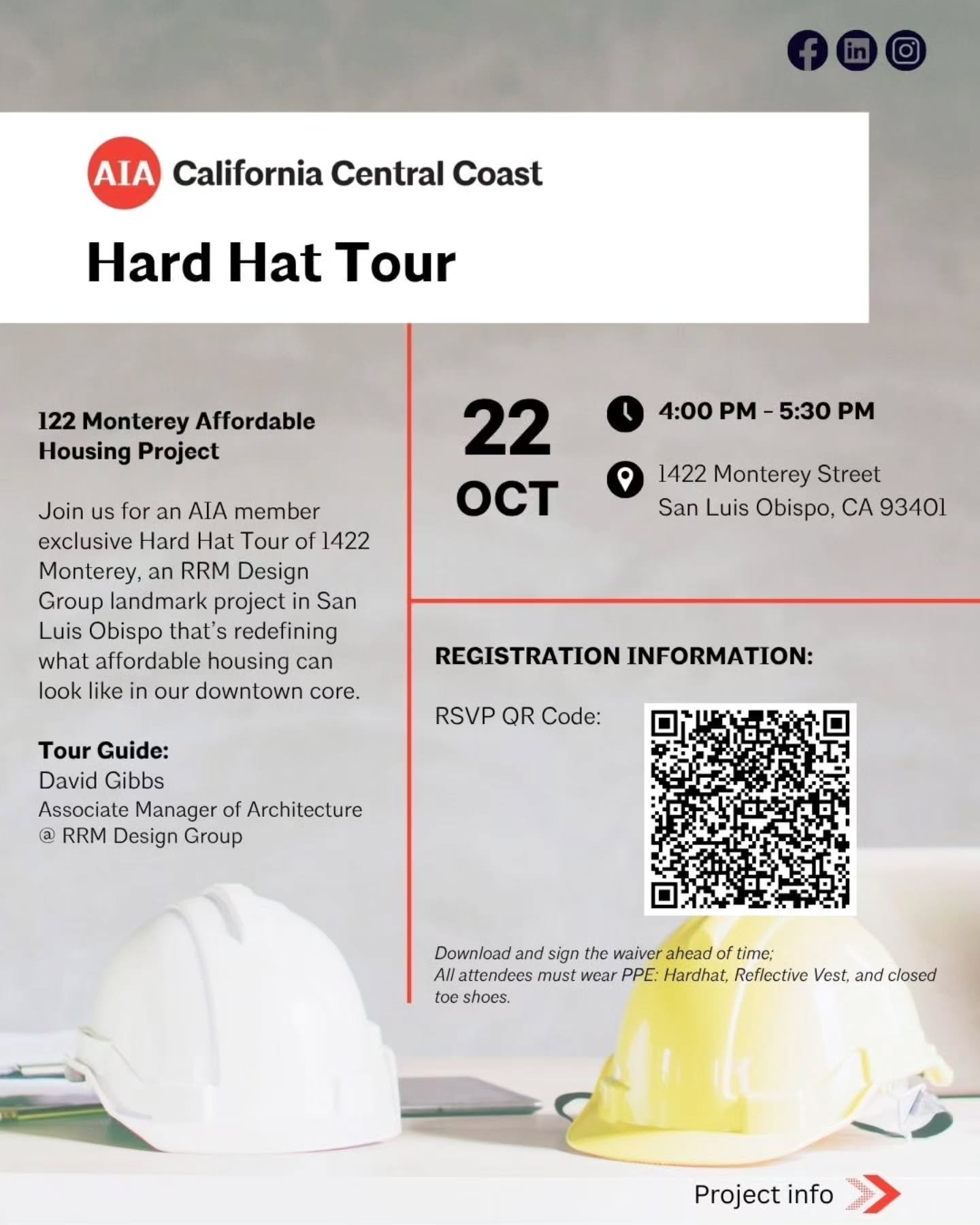 🚧 Hard Hat Tour Invitation! 🦺

Join us for an exclusive AIA member Hard Hat Tour of 1422 Monterey, an @rrmdesigngroup landmark project in San Luis Obispo that&rsquo;s redefining what affordable housing can look like in our downtown core.

📍 Locati