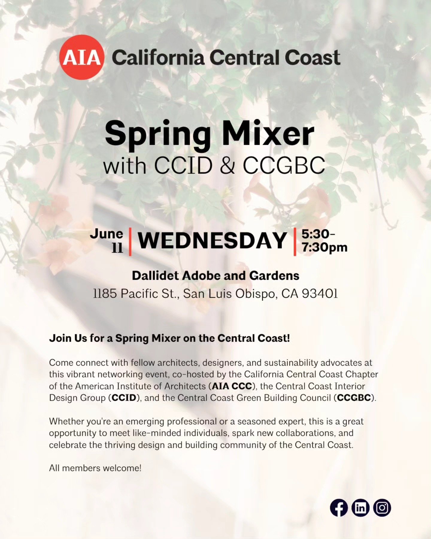 🌿 Central Coast Design &amp; Building Mixer 🎉

Join us for a collaborative evening with the AIA California Central Coast, Central Coast Interior Design Group (CCID), and the Central Coast Green Building Council (CCGBC)!

🌸 Mingle with architects, 
