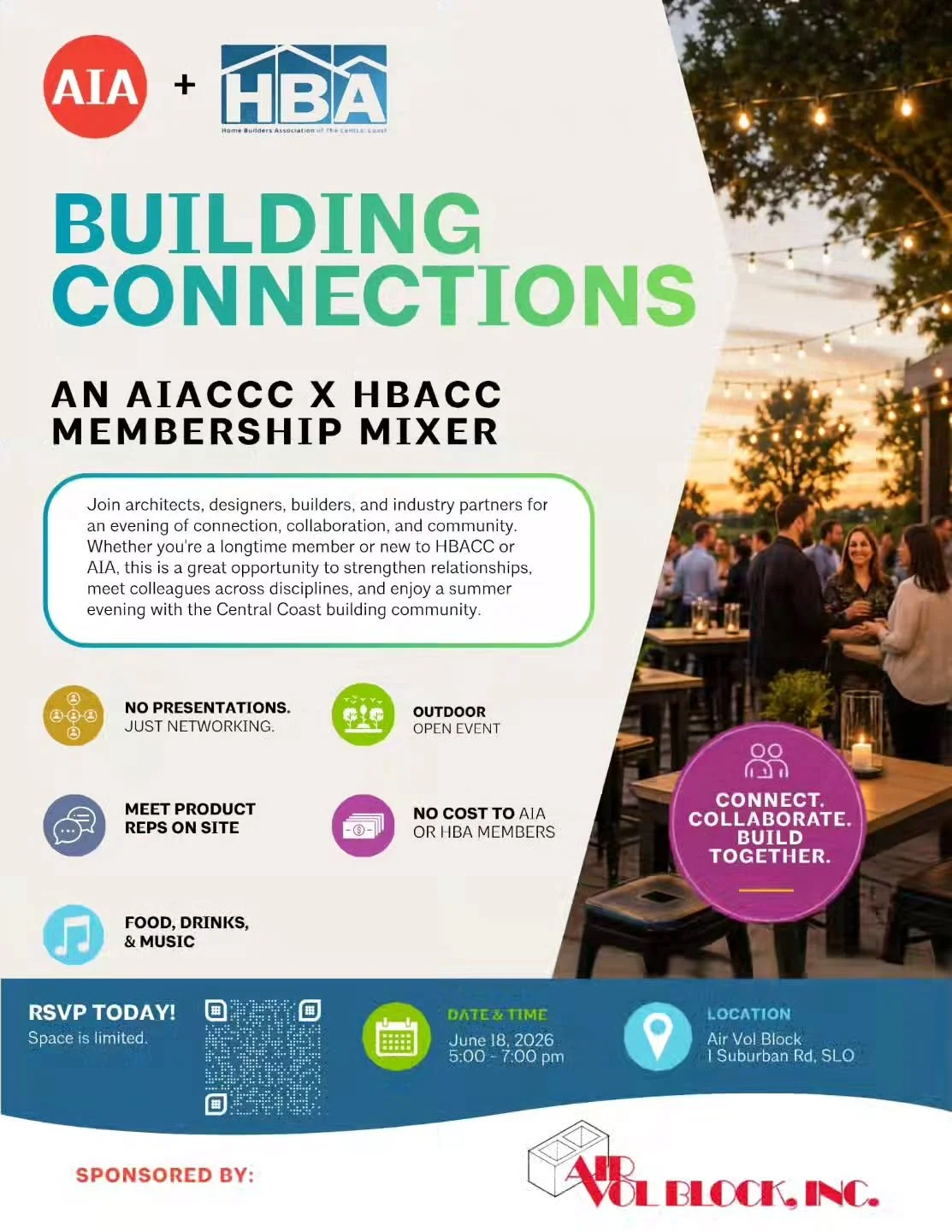 Join the Home Builders Association of the Central Coast (@hbacentralcoast) and AIACCC for a relaxed evening of connection and conversation at AirVol Block in San Luis Obispo.

This free joint membership mixer brings together professionals from across