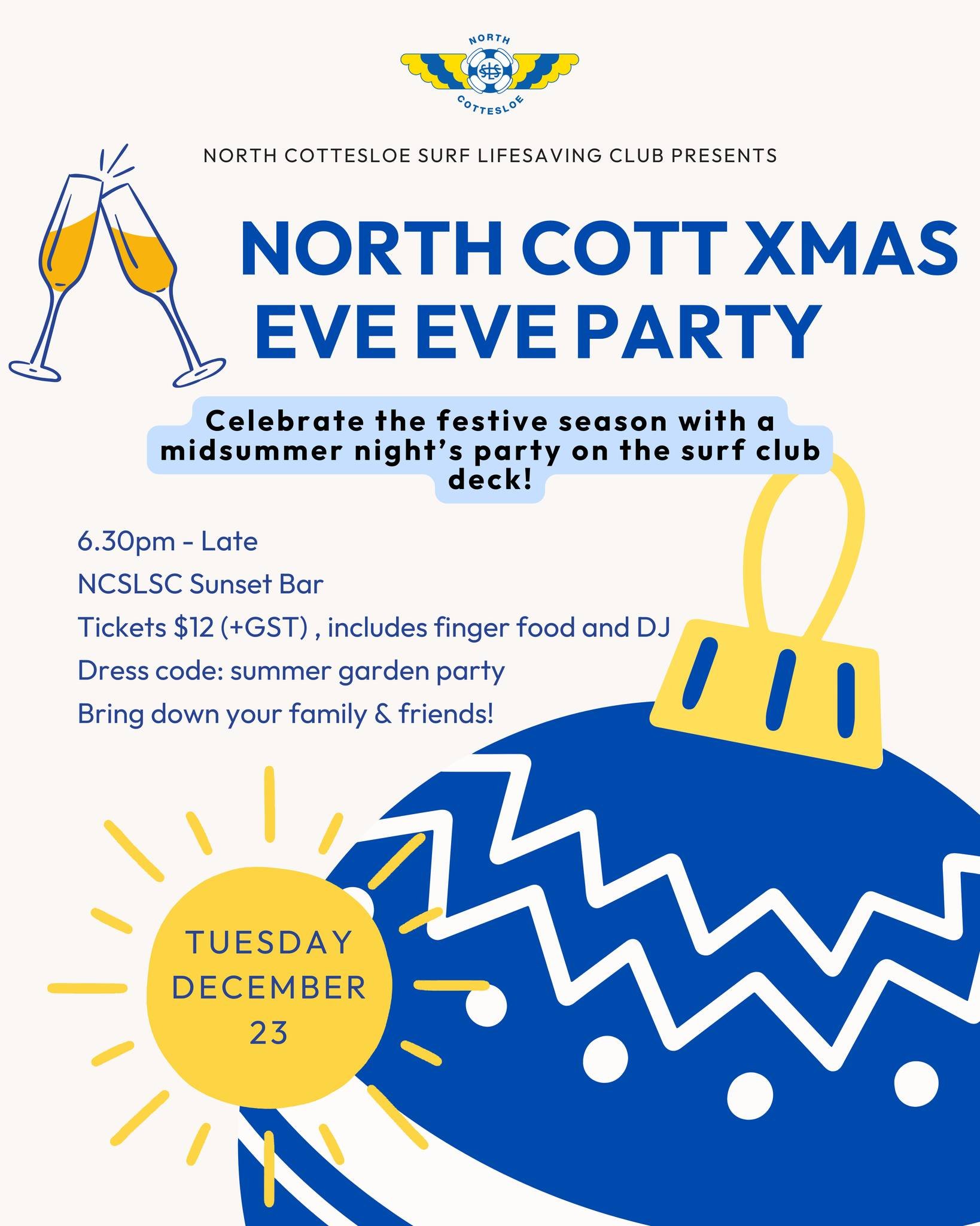 🎄 Eve Eve is Baaack 🎄 

📅 Tuesday Dec 23
⏰ 6:30 - Late
🎟️ $12++ Including finger food
🎵 DJ till late
👗 Dress Code: Summer Garden Party

For more event details, head to our link in bio 🎅