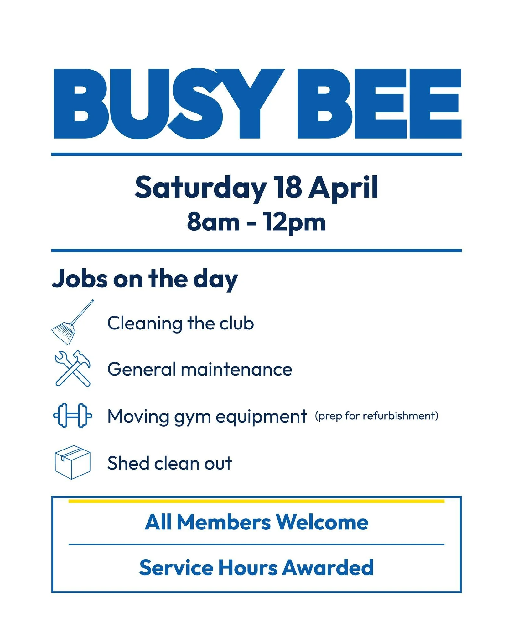 Probably not the best week to start your new gym routine&hellip;

The club gym and changerooms will be closed from 18&ndash;24 April while refurbishment works are underway.

Come to the Busy Bee on 18 April (8&ndash;12) if you want a workout anyway.
