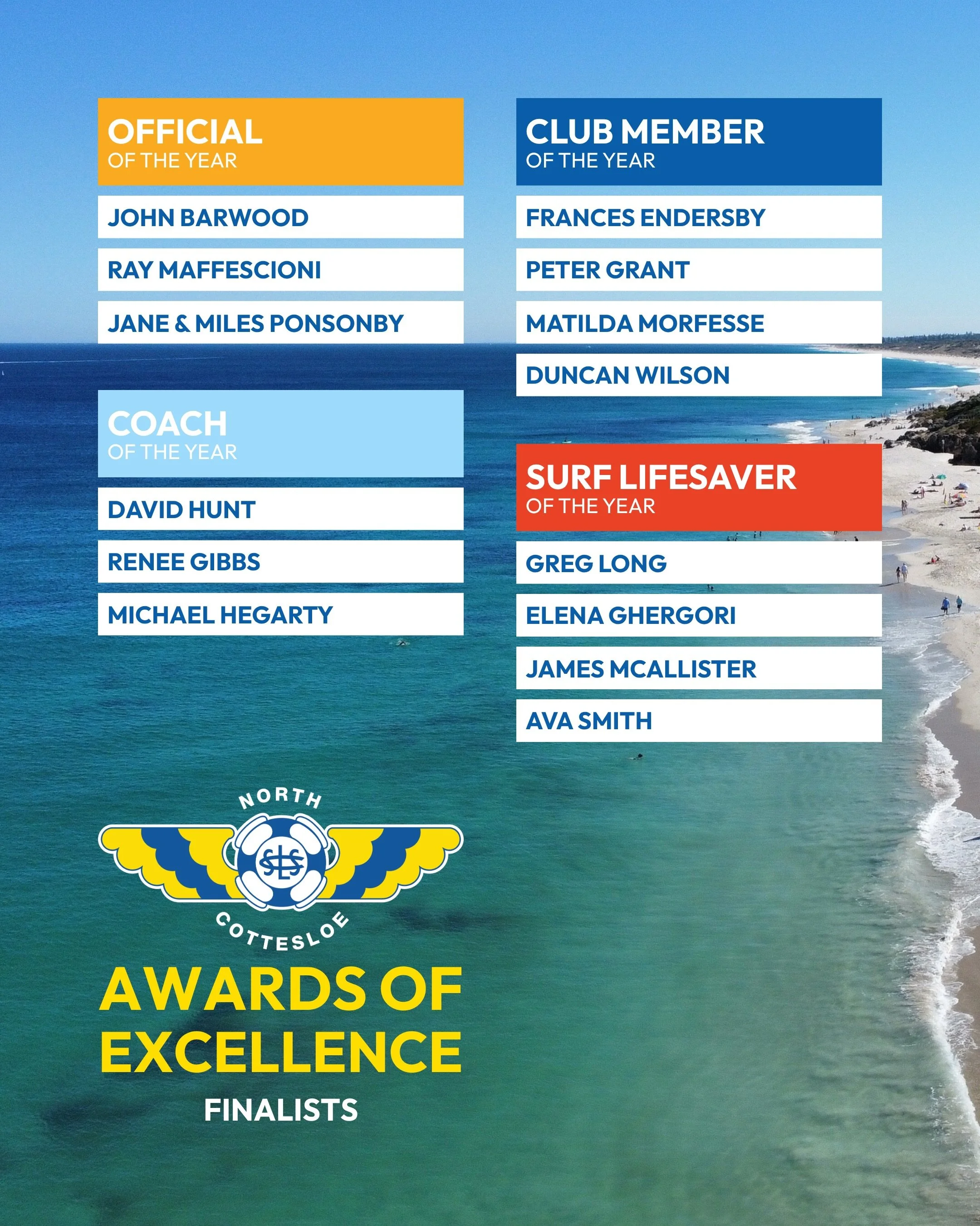 Your 2026 North Cottesloe Awards of Excellence Finalists (part 2) 👏

Recognising our members that lead the way across education, lifesaving, nippers and surf sports. 

Winners announced at the 2026 NC Annual Dinner on Saturday 23 May.

❗️TICKET SALE