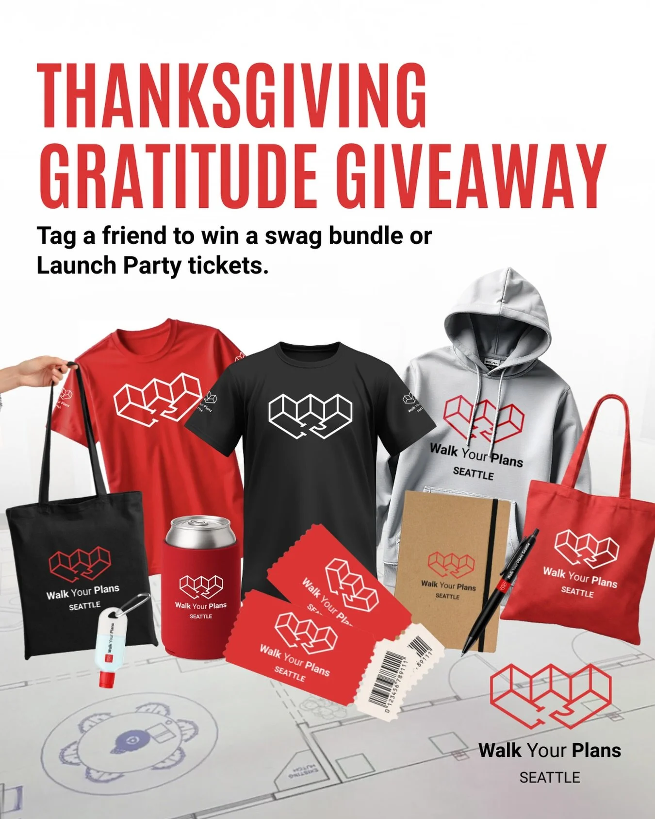 THANKSGIVING GIVEAWAY 🧡🦃✨

We couldn&rsquo;t have done it without your support, excitement, and patience. So here&rsquo;s a little THANKS from us to YOU.&nbsp;

We&rsquo;re giving away:&nbsp;
🎁 Walk Your Plans swag bundles (t-shirts, tote bags, pe