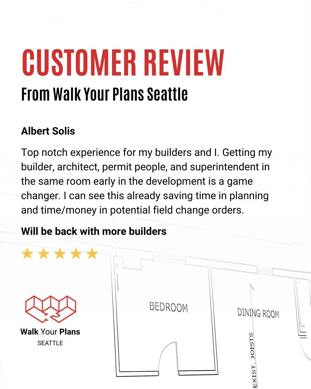⭐ Five-star feedback like this is why we operate Walk Your Plans.

Bringing the full team into the studio early&mdash;builder, architect, permitting, and superintendent&mdash;was a game changer. Walking the plans together helped them spot issues soon
