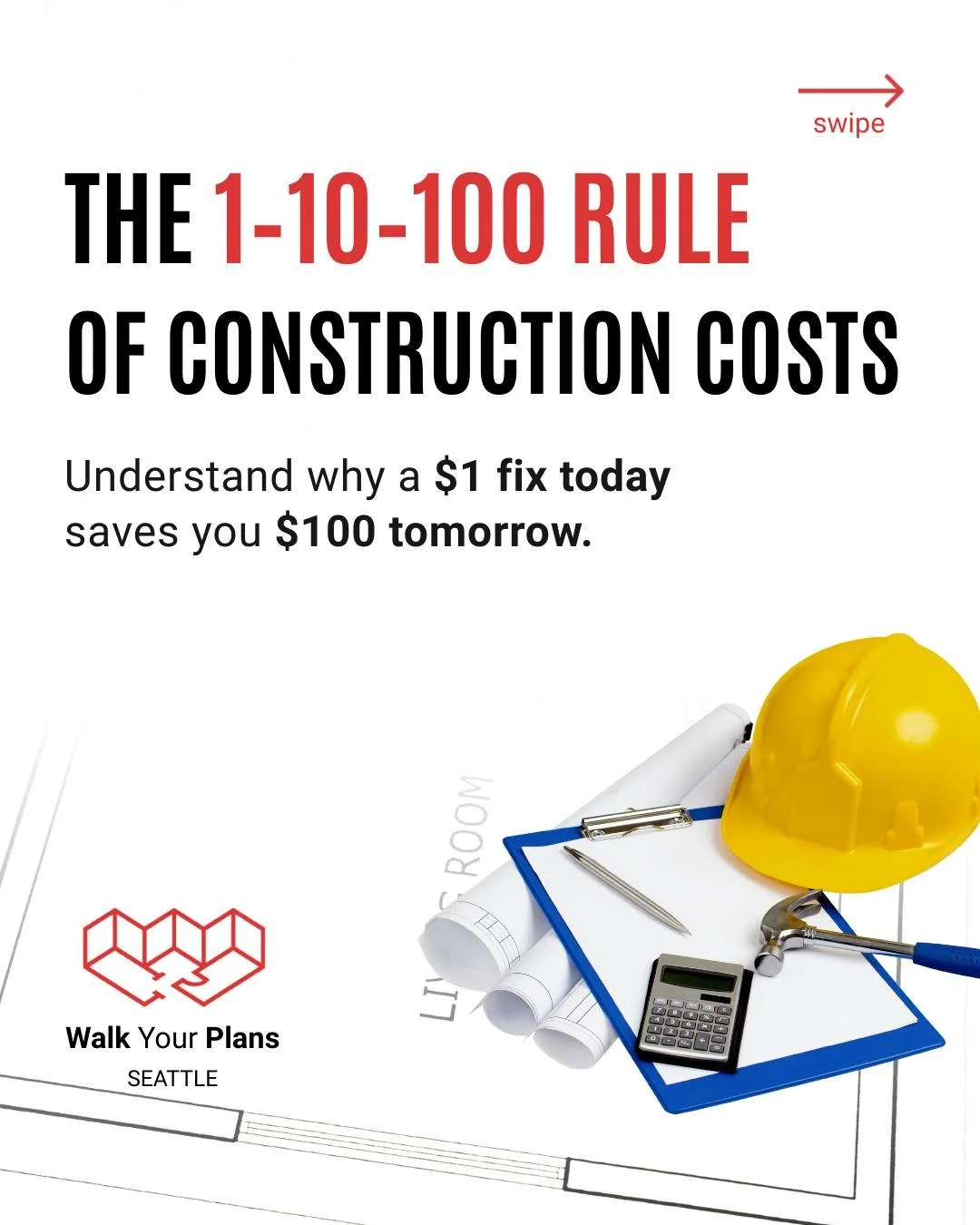 💸 The 1&ndash;10&ndash;100 Rule of Construction Costs
A $1 fix today can save you $100 tomorrow.

When it comes to building, timing is everything:
1️⃣ Prevention = 1x
Catching issues in our studio before construction begins is the least expensive pl