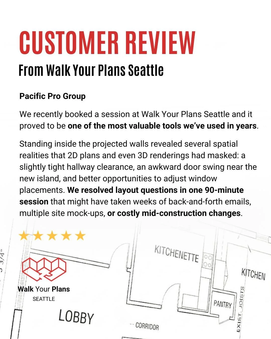 ⭐ One of the most valuable tools they&rsquo;ve used in years.

Pacific Pro Group came into the studio and uncovered layout issues that 2D plans and even 3D renderings missed&mdash;tight clearances, door conflicts, and opportunities to improve window 