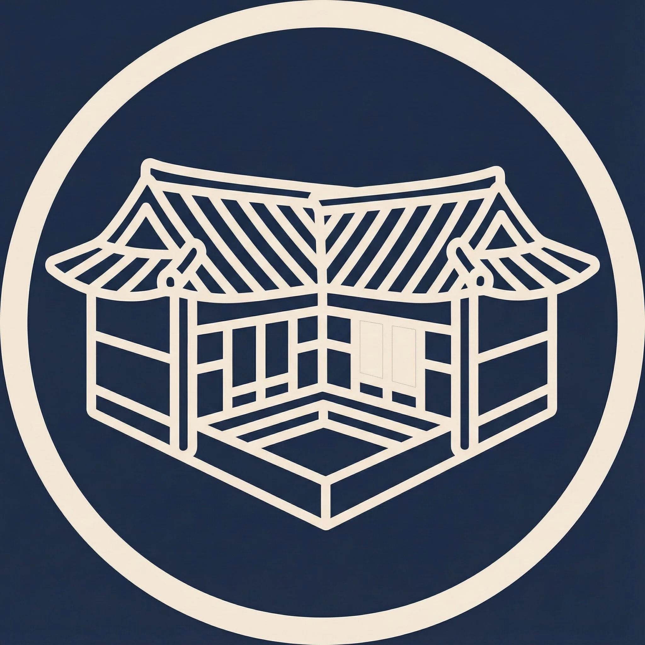 Official Seoulbnbs logo featuring a minimalist white outline of a traditional Korean Hanok house set inside a dark blue circular stamp seal.