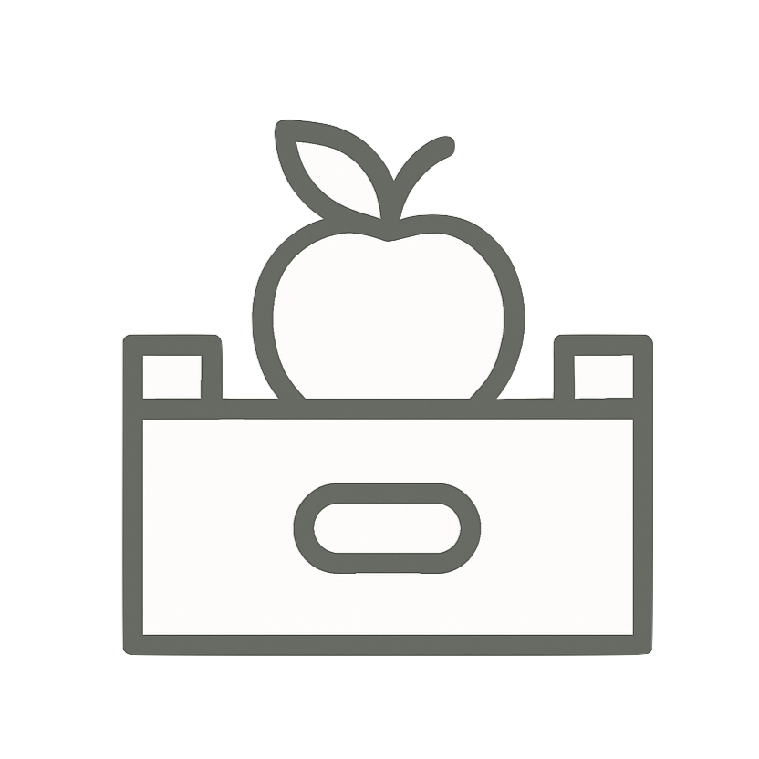 Line drawing of an apple with a leaf, placed on top of a box with a handle.
