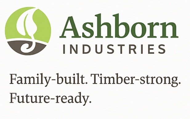 Ashborn Industries logo with green and black pine tree and timber graphic, and slogan 'Family-built. Timber-strong. Future-ready.'