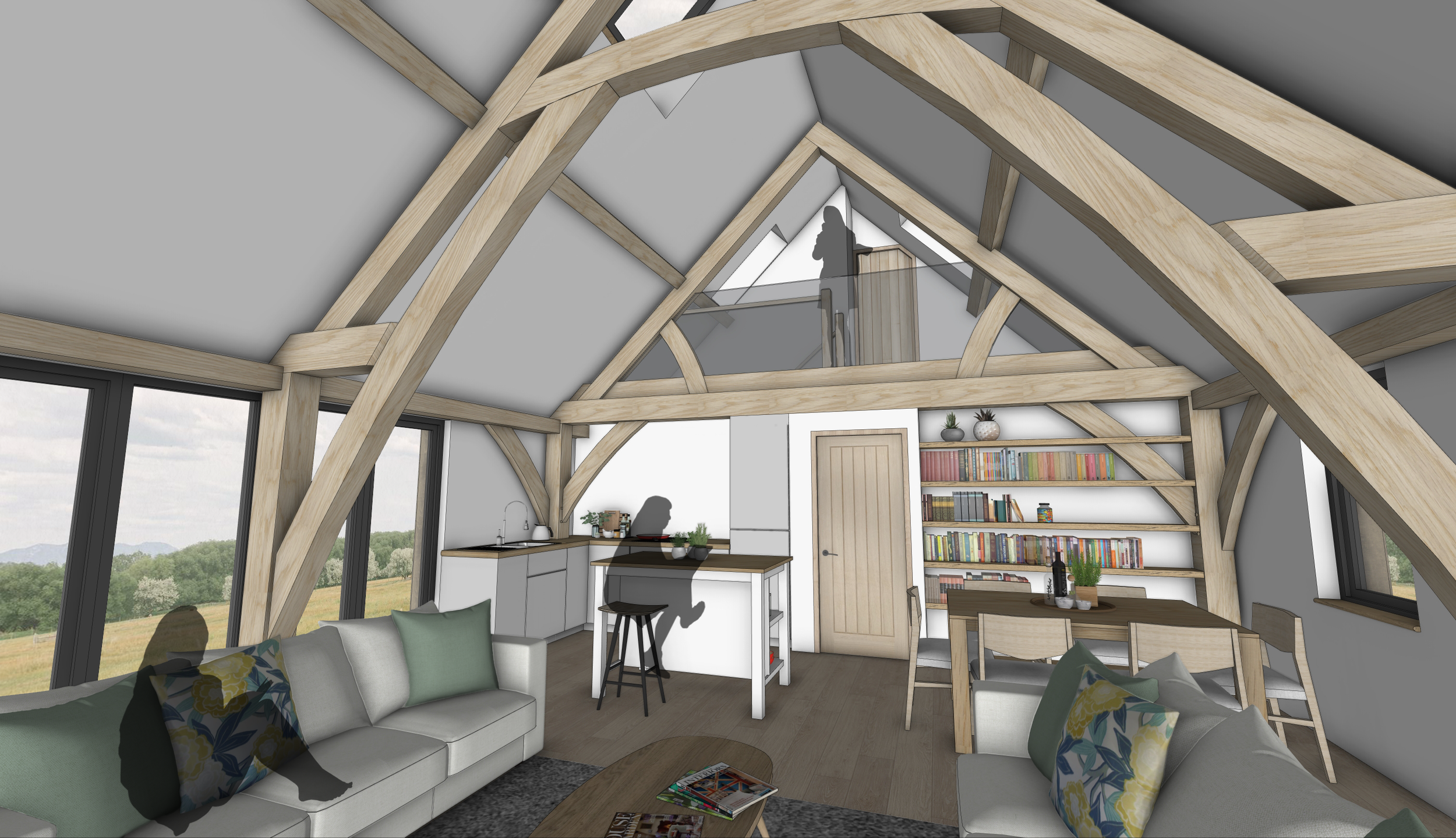 Interior view of an attic living space with exposed wooden beams, a sitting area with sectional sofas and colorful pillows, a kitchenette with white cabinetry, a dining table with chairs, and a bookshelf filled with books. Large windows reveal a view