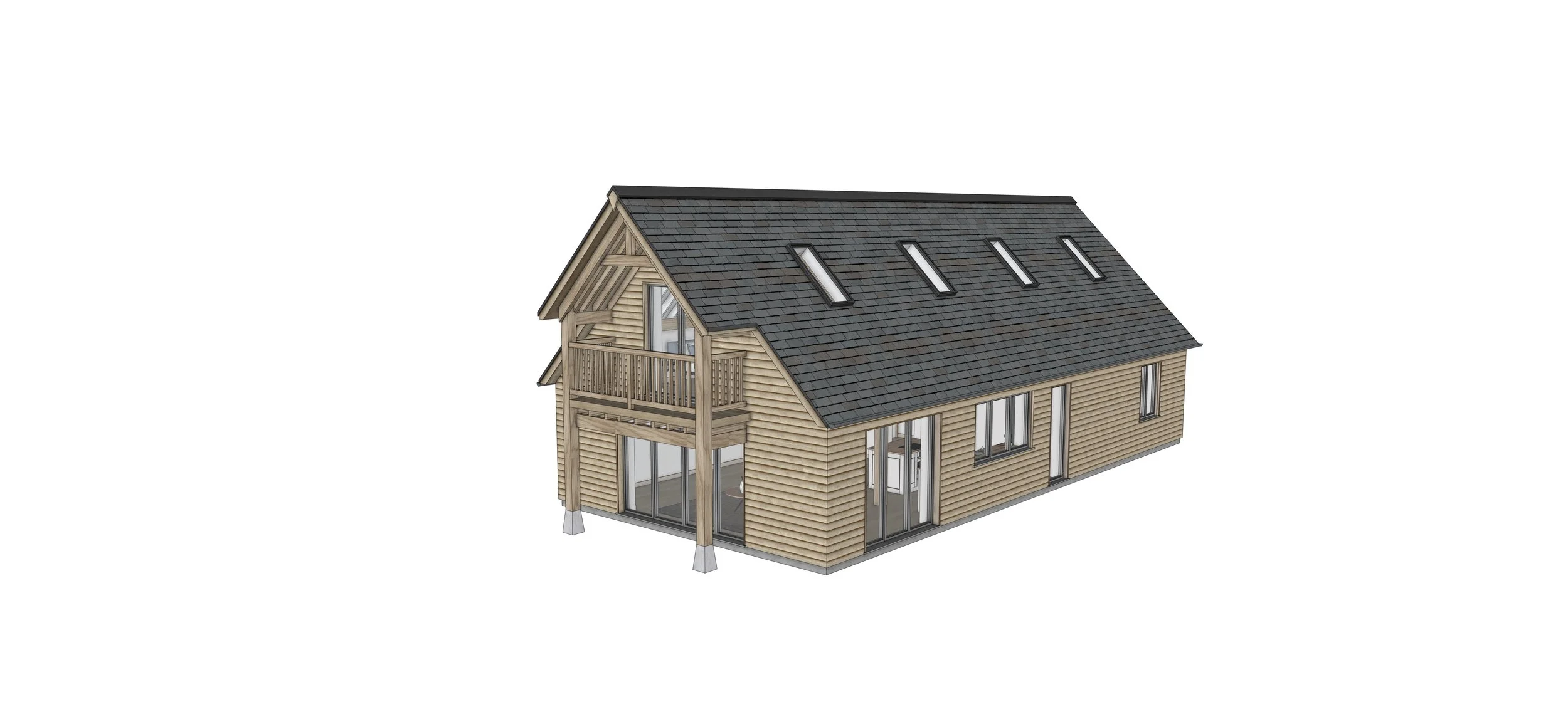A wooden house with a gabled roof, skylights, large windows, and a small balcony on the upper level.