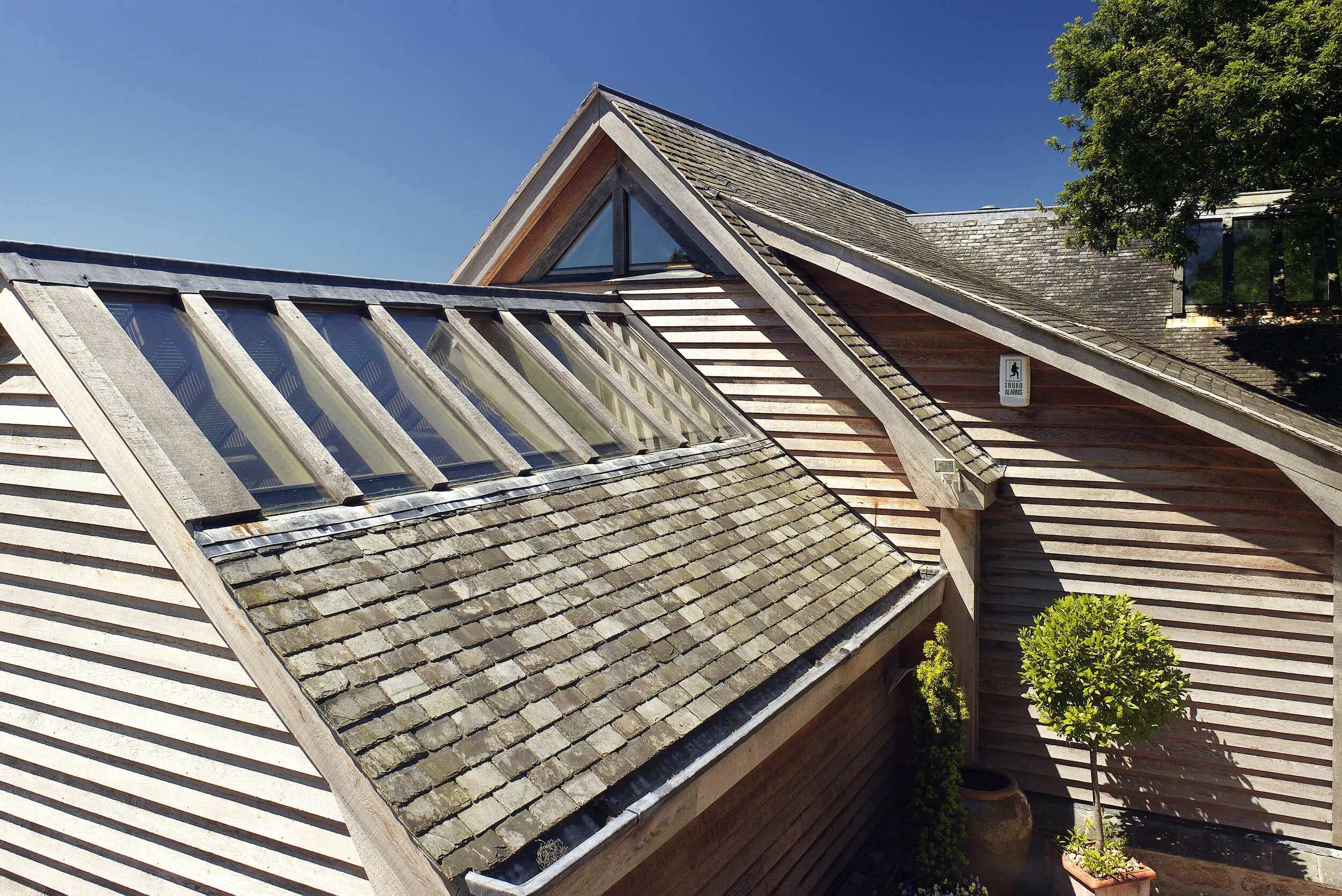 Close-up of a house with a sloped roof featuring multiple skylights, wooden siding, and a small tree in a pot outside.