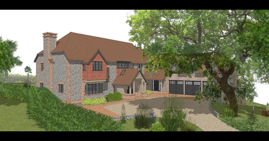 From 3D to reality.

Swipe to see the original artist&rsquo;s impression of The Red House alongside the finished home.

From the proportions and rooflines to the oak framing, clay tiles, timber, brick and stone, the completed house stays remarkably t