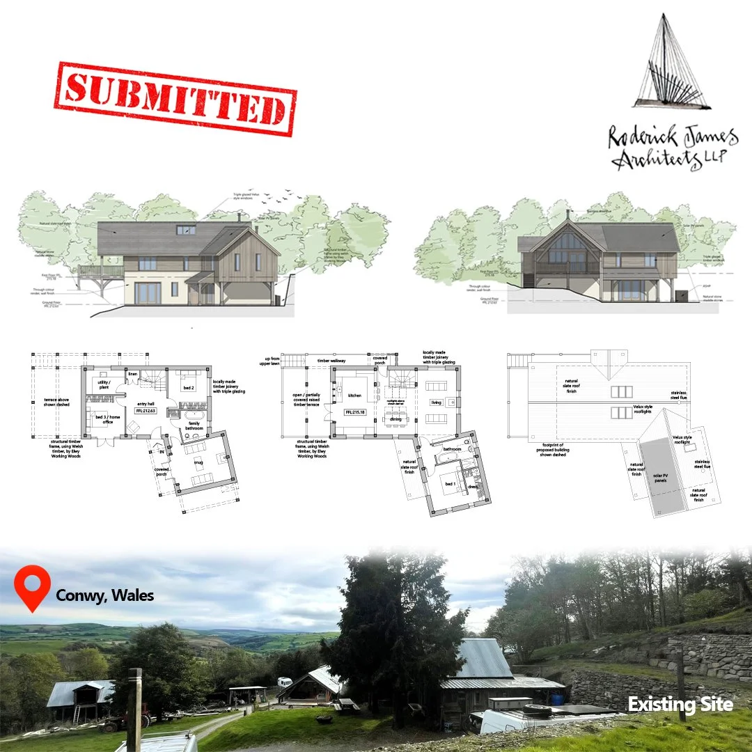 Planning submitted in Conwy &mdash; this replacement home has been shaped by what makes North Wales special.

Using local materials wherever possible - Welsh‑grown timber for the structural frame and cladding and Welsh slate for the roofs - this sust