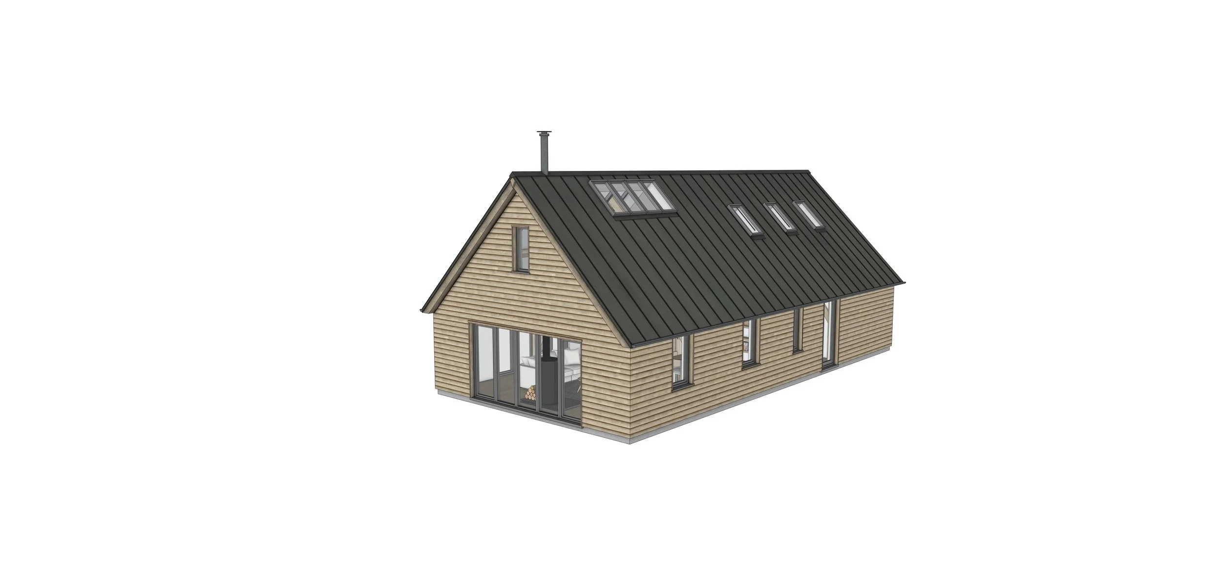 3D rendering of a modern house with wooden siding and a black metal roof, featuring large windows and skylights.