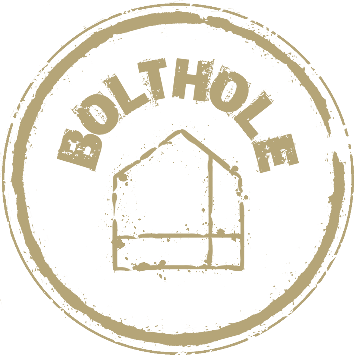 Stylised circular stamp or logo with the words 'BOLTHOLE' and a house icon inside in vintage or distressed style.