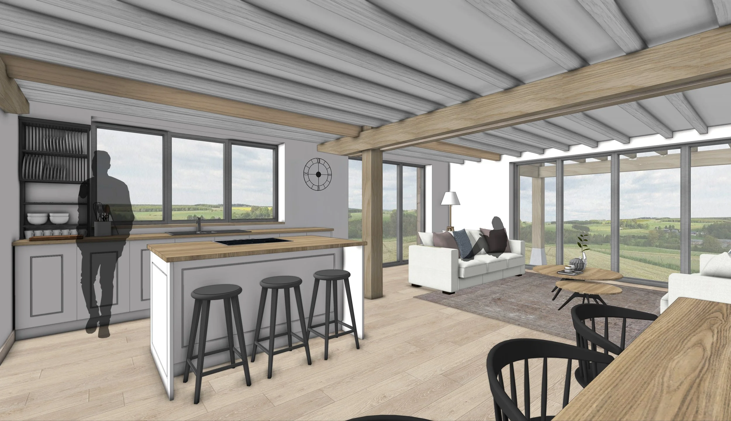 Open-concept living space with kitchen and living room, large windows with scenic countryside view, wooden beams on the ceiling, and modern furniture including a white sofa with cushions, a coffee table, and bar stools at the kitchen counter.