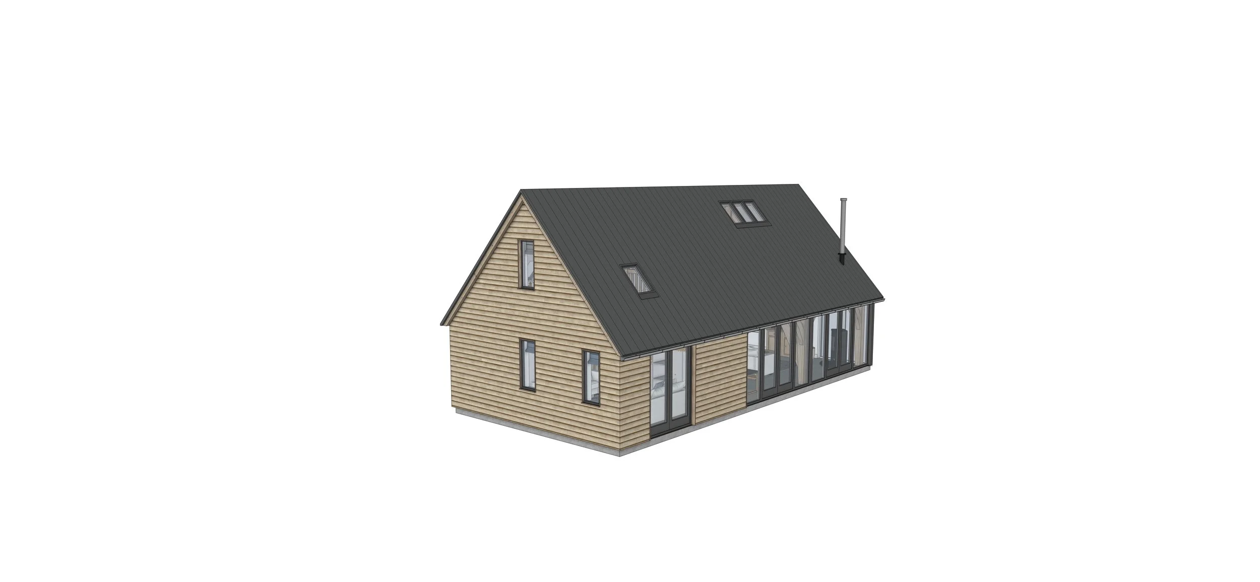 3D model of a modern house with wooden siding and a dark gray roof, featuring several large glass windows and skylights.